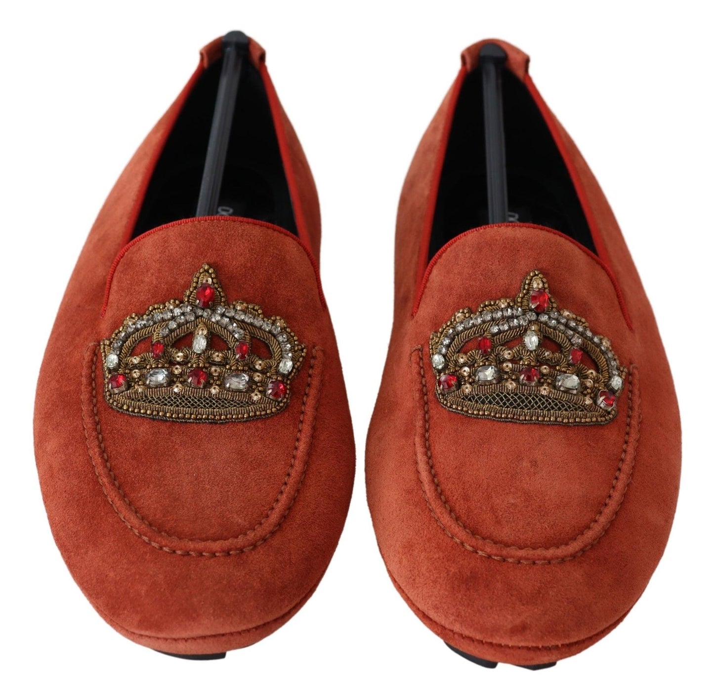 Dolce & Gabbana Orange Leather Crystal Crown Loafers Shoes