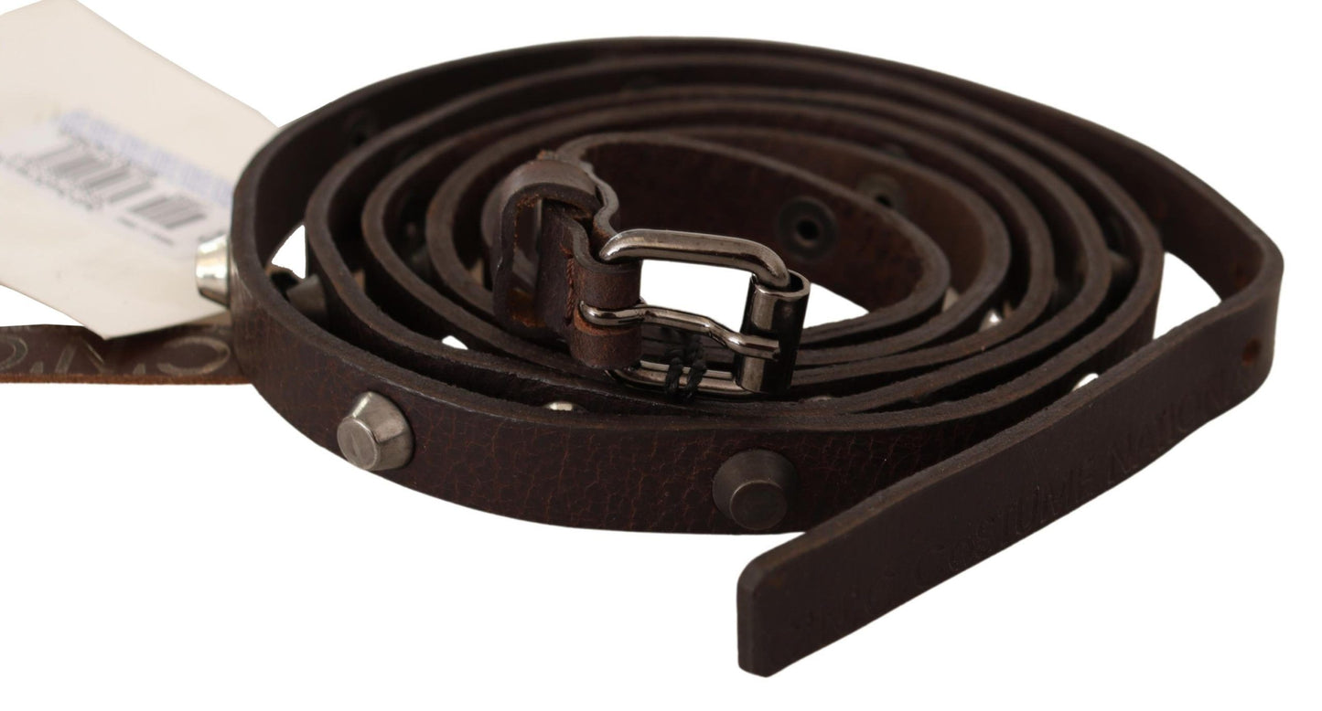 Costume National Chic Brown Leather Fashion Belt with Silver Buckle - KALAJ