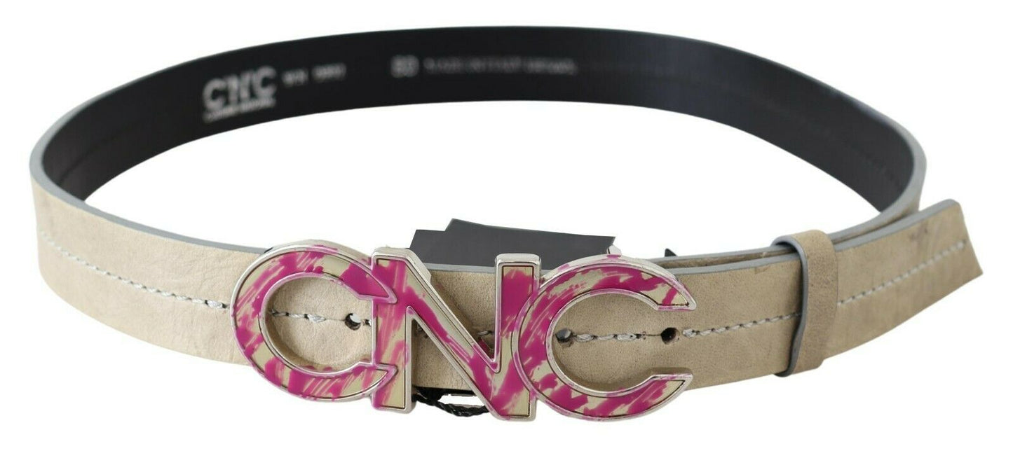Costume National Beige Leather Fashion Belt with Logo Detail - KALAJ