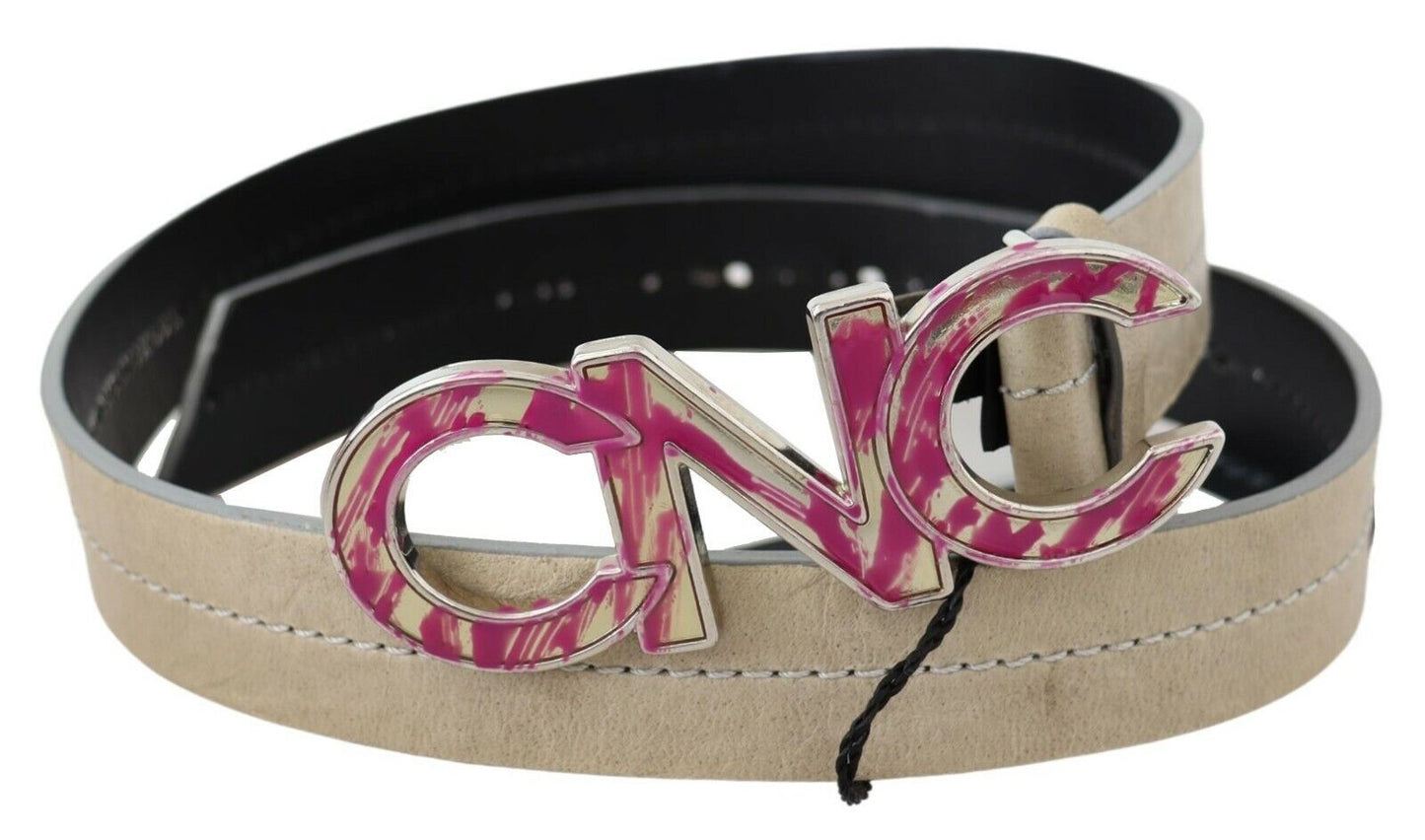Costume National Beige Leather Fashion Belt with Logo Detail - KALAJ