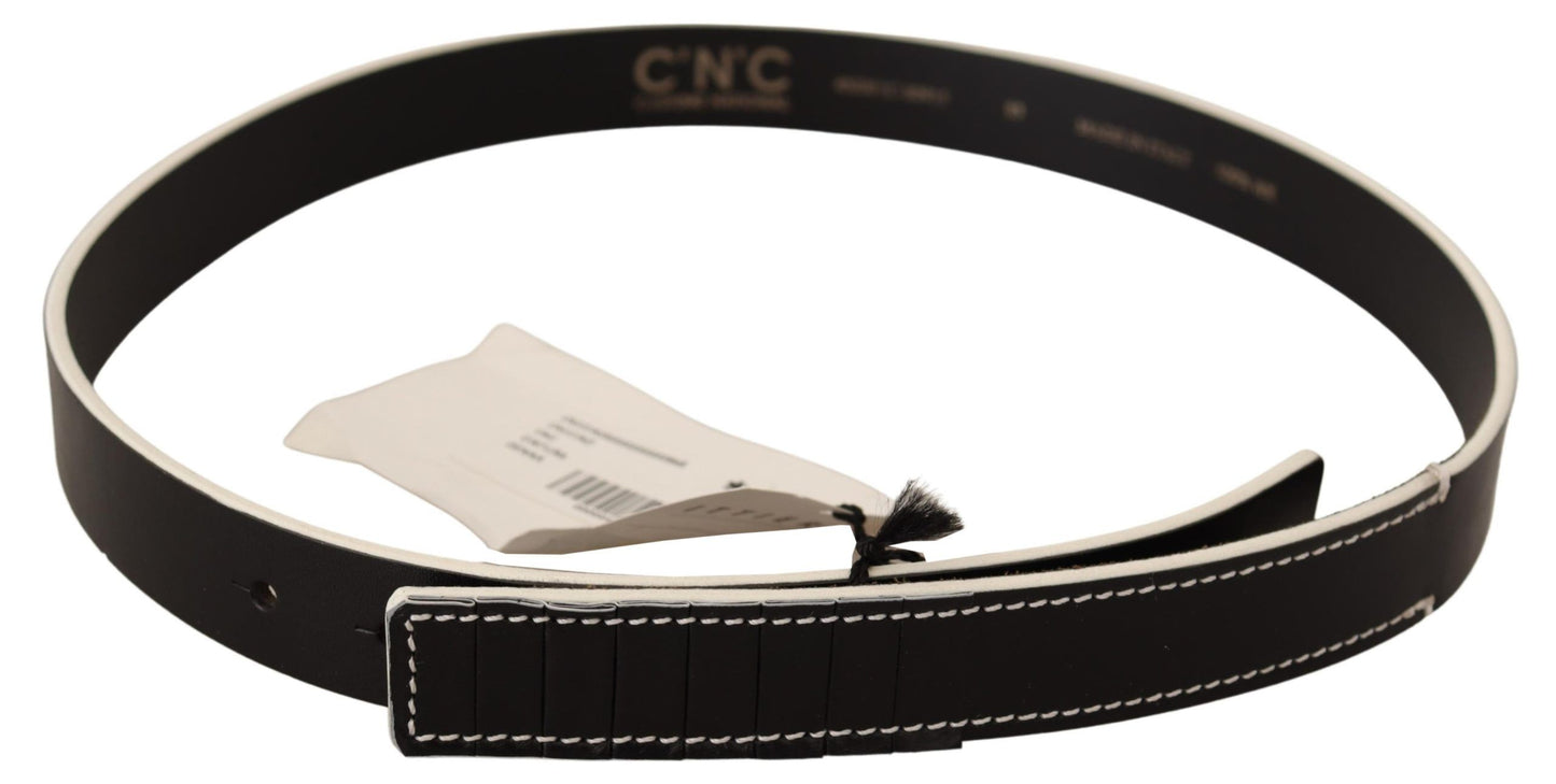 Costume National Chic Black Leather Fashion Belt with White Accents - KALAJ
