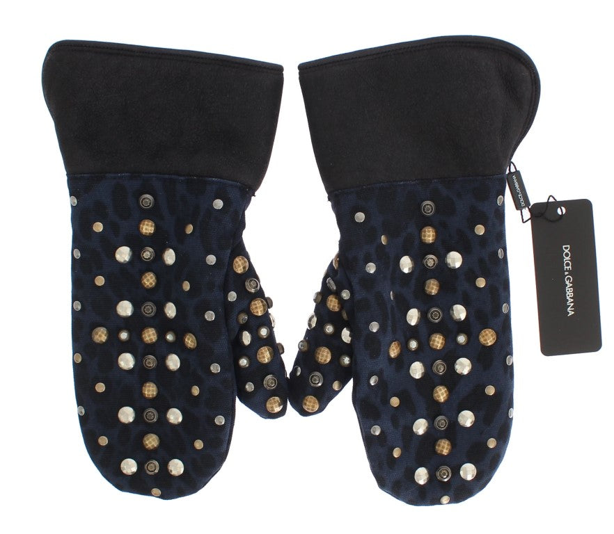 Dolce & Gabbana Chic Gray Wool & Shearling Gloves with Studded Details - KALAJ