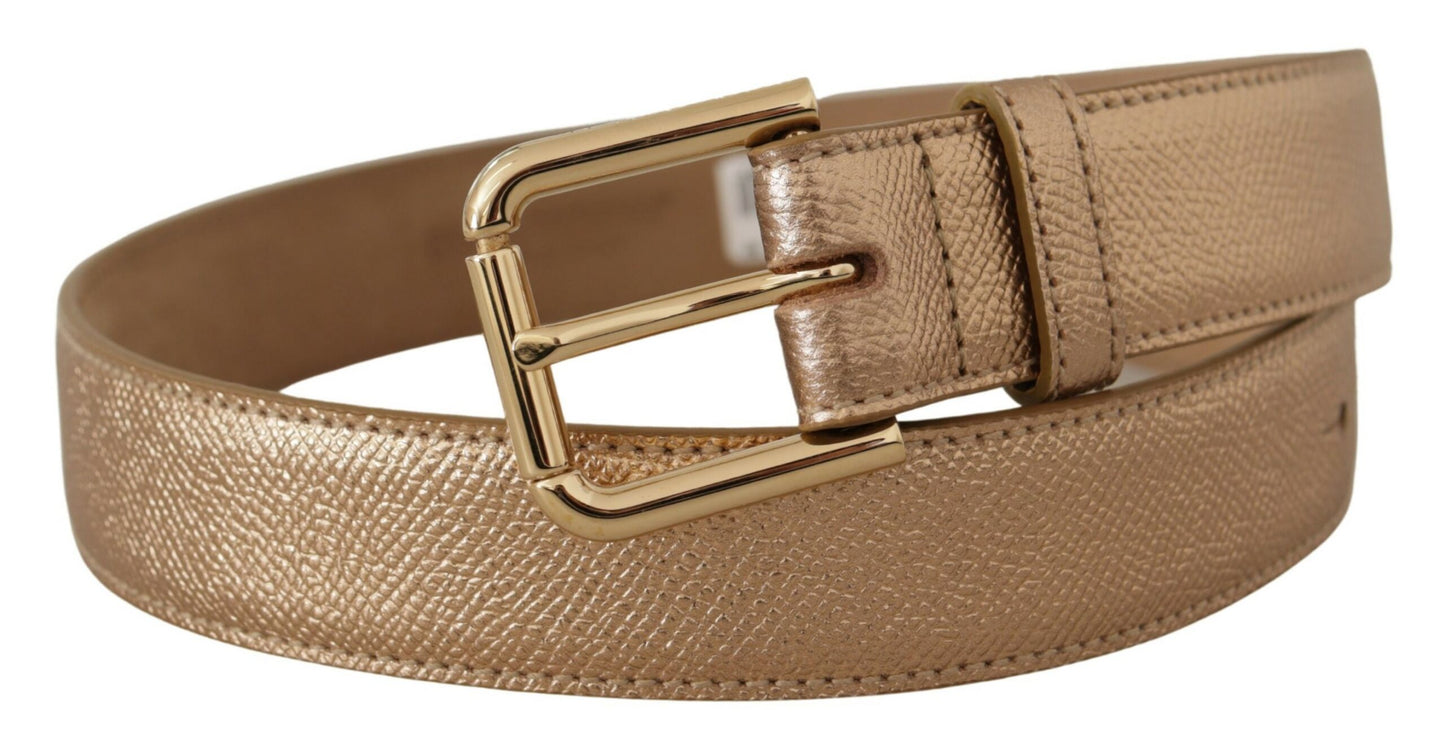 Dolce & Gabbana Chic Rose Gold Leather Belt with Logo Buckle - KALAJ