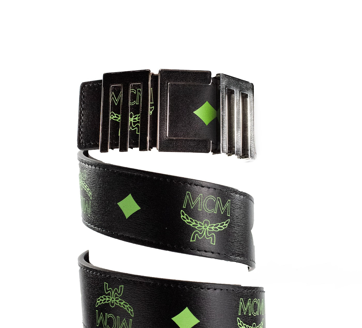 MCM Claus Mens Summer Green Smooth Visetos Logo Leather Numeric Buckle Belt - KALAJ