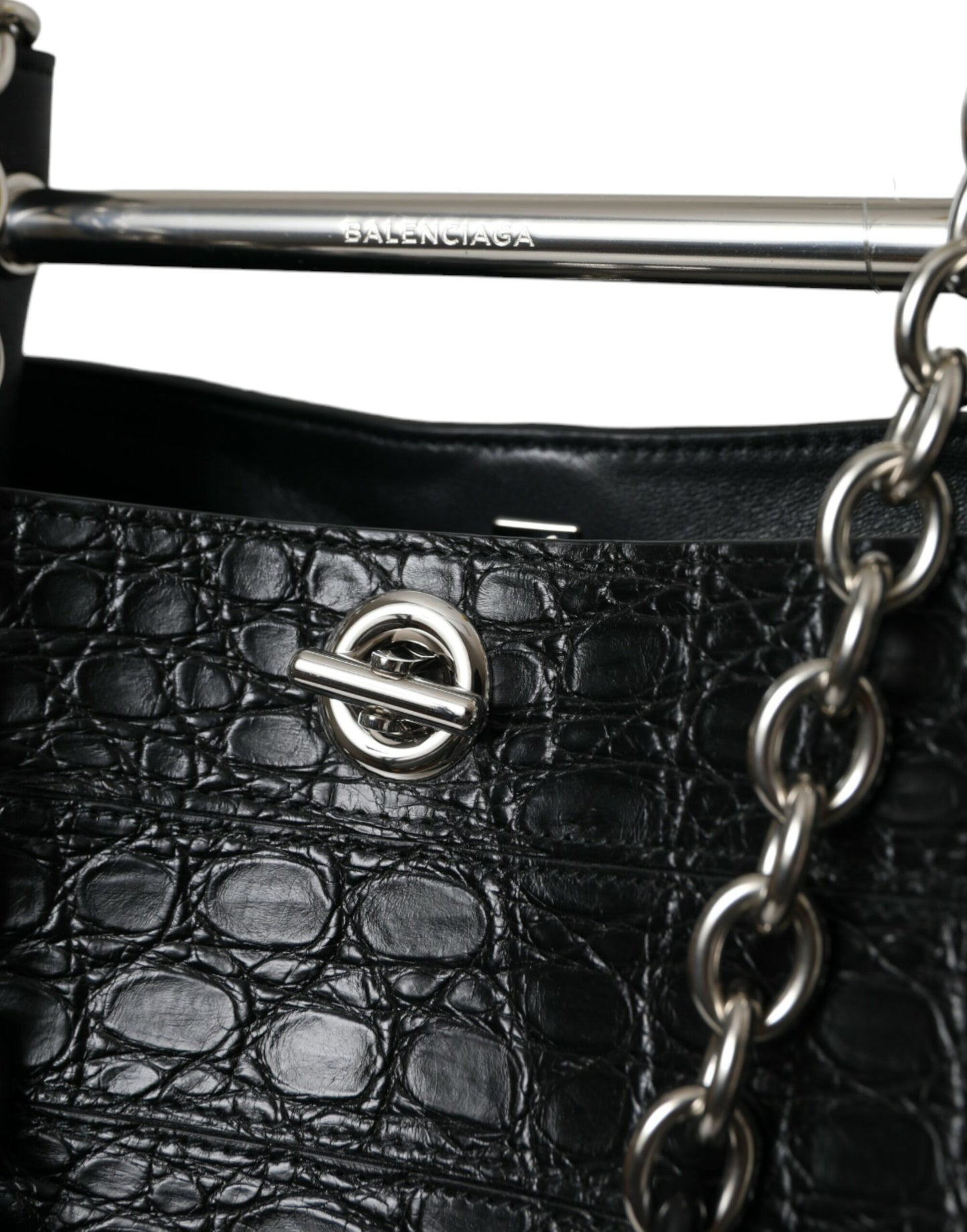 Balenciaga Elegant Black Crocodile Leather Maxi Bucket Bag - KALAJ