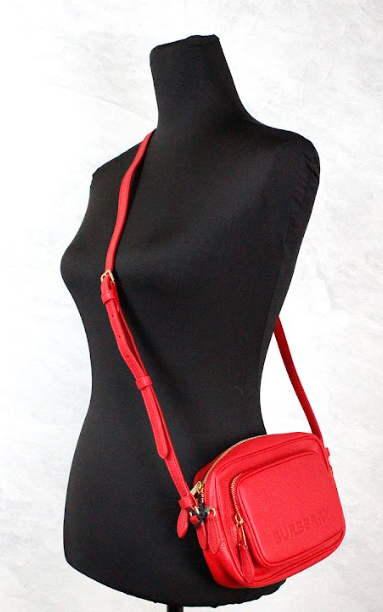 Burberry Small Branded Bright Red Grainy Leather Camera Crossbody Bag - KALAJ