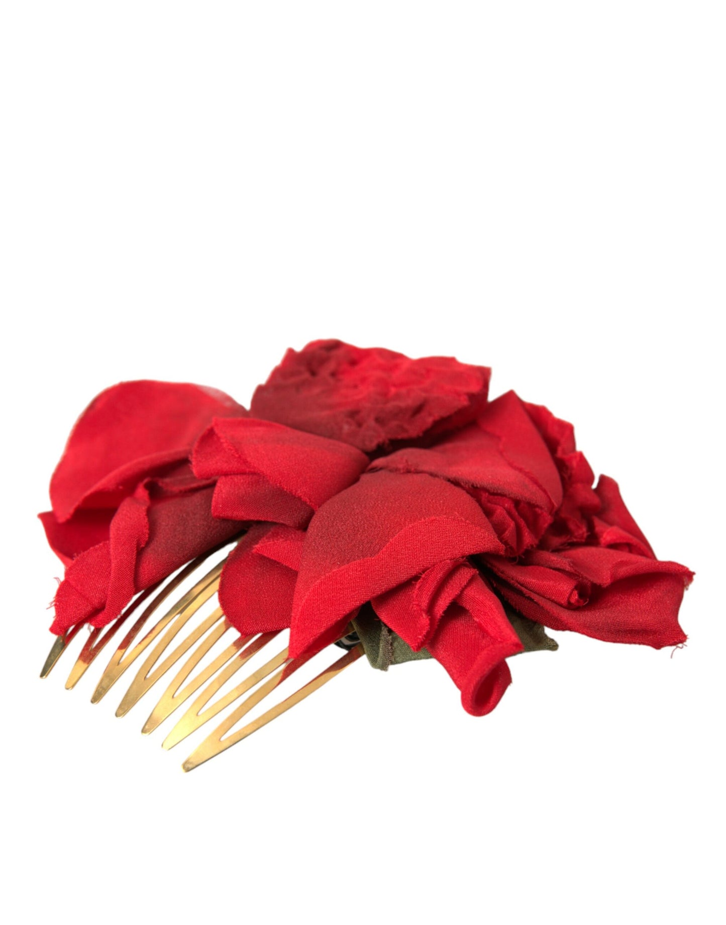 Dolce & Gabbana Red Silk Floral Gold Brass Women Hair Comb - KALAJ