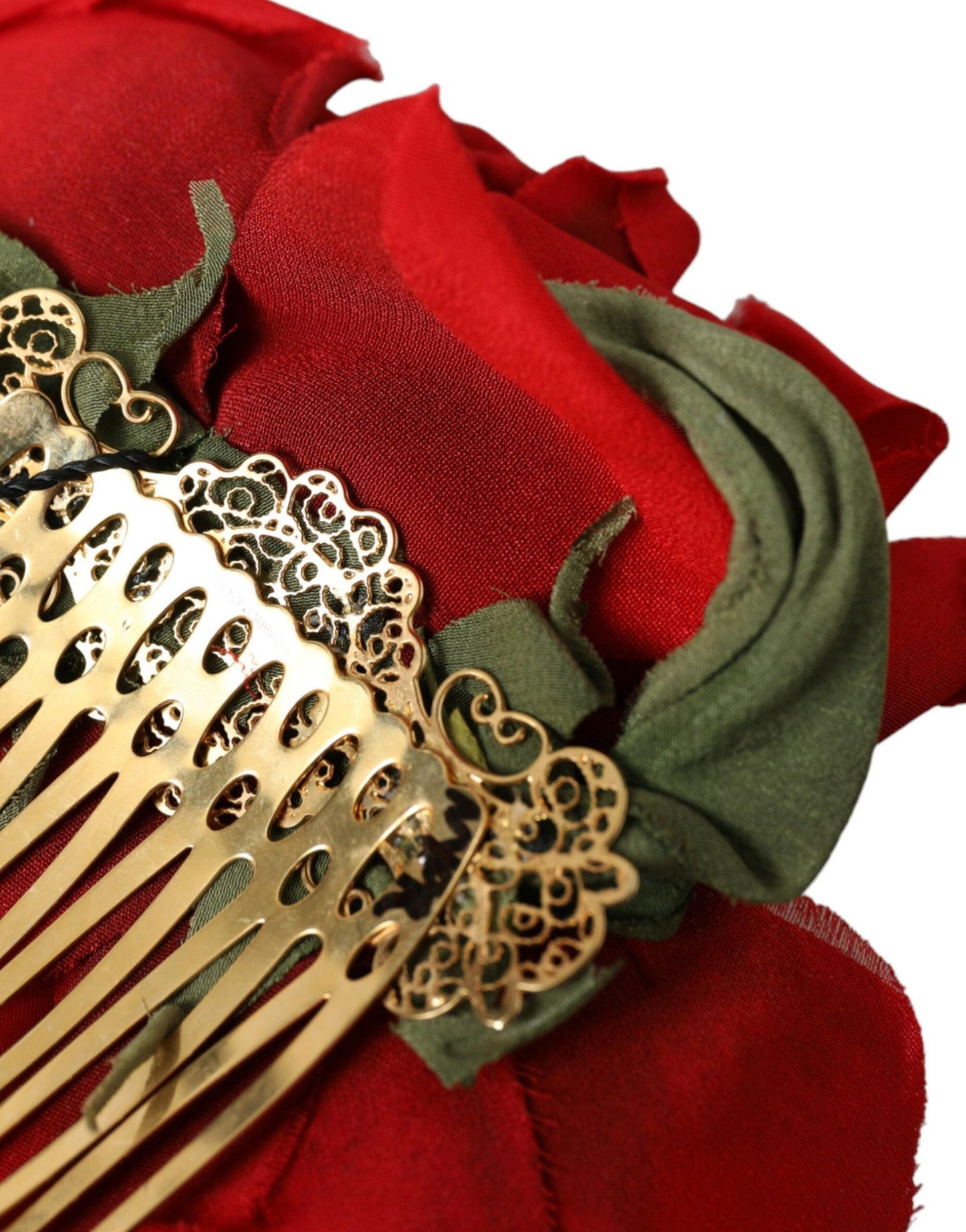 Dolce & Gabbana Red Silk Floral Gold Brass Women Hair Comb - KALAJ