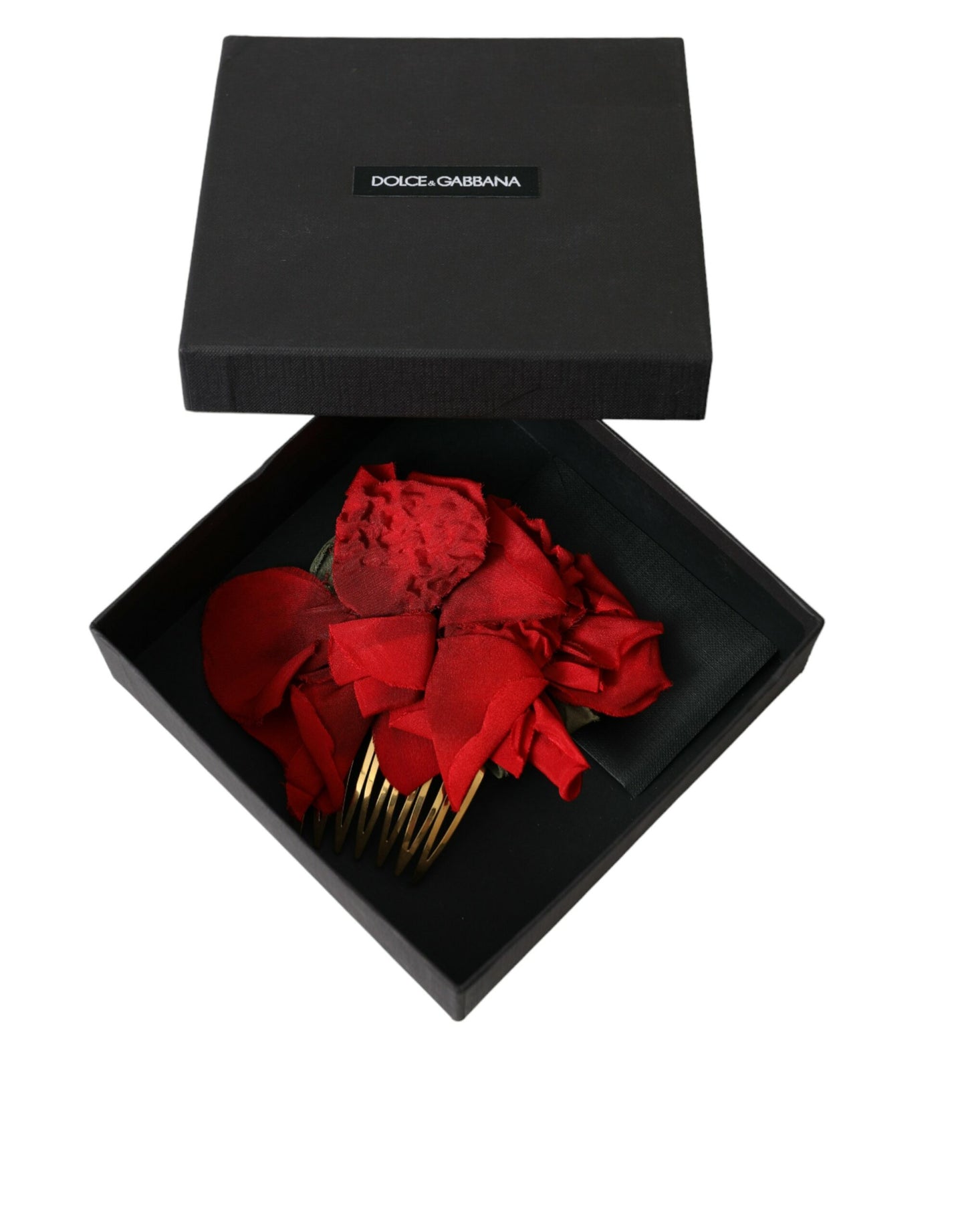 Dolce & Gabbana Red Silk Floral Gold Brass Women Hair Comb - KALAJ
