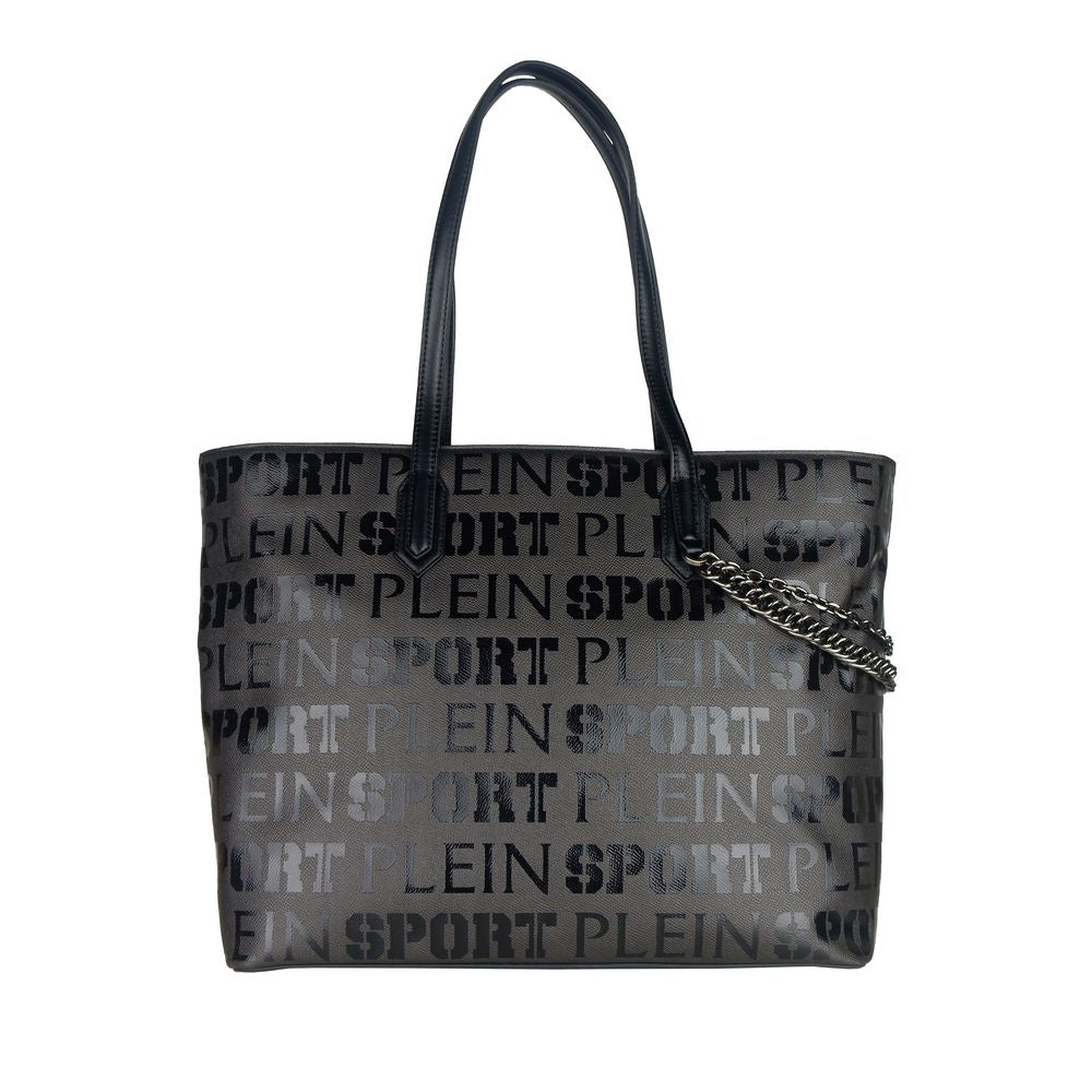 Plein Sport Sleek Black Designer Shopping Bag with Logo Print - KALAJ