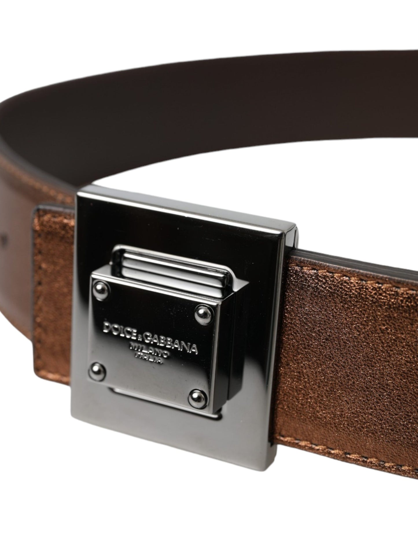 Dolce & Gabbana Metallic Bronze Leather Square Metal Buckle Belt - KALAJ