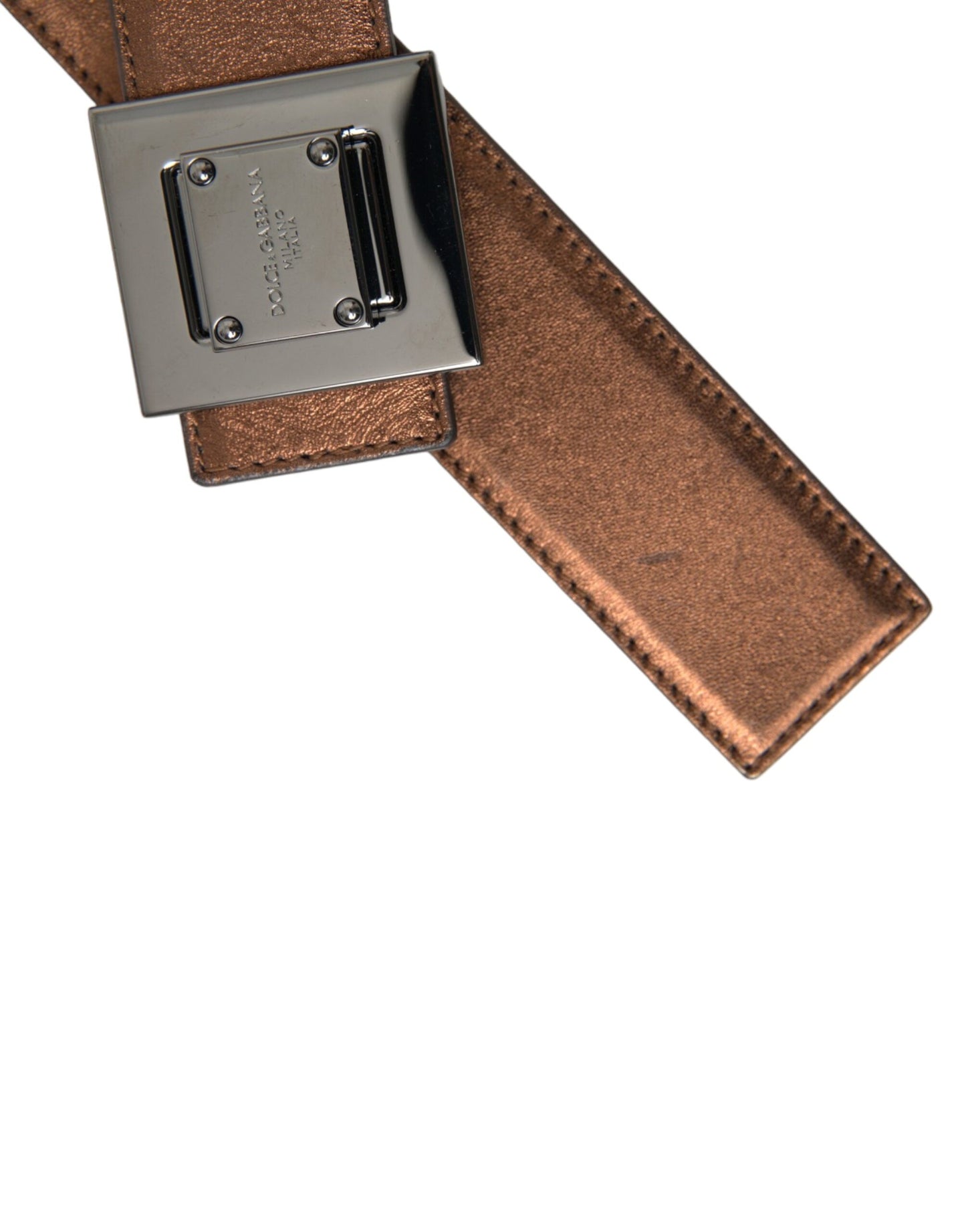 Dolce & Gabbana Metallic Bronze Leather Square Metal Buckle Belt - KALAJ