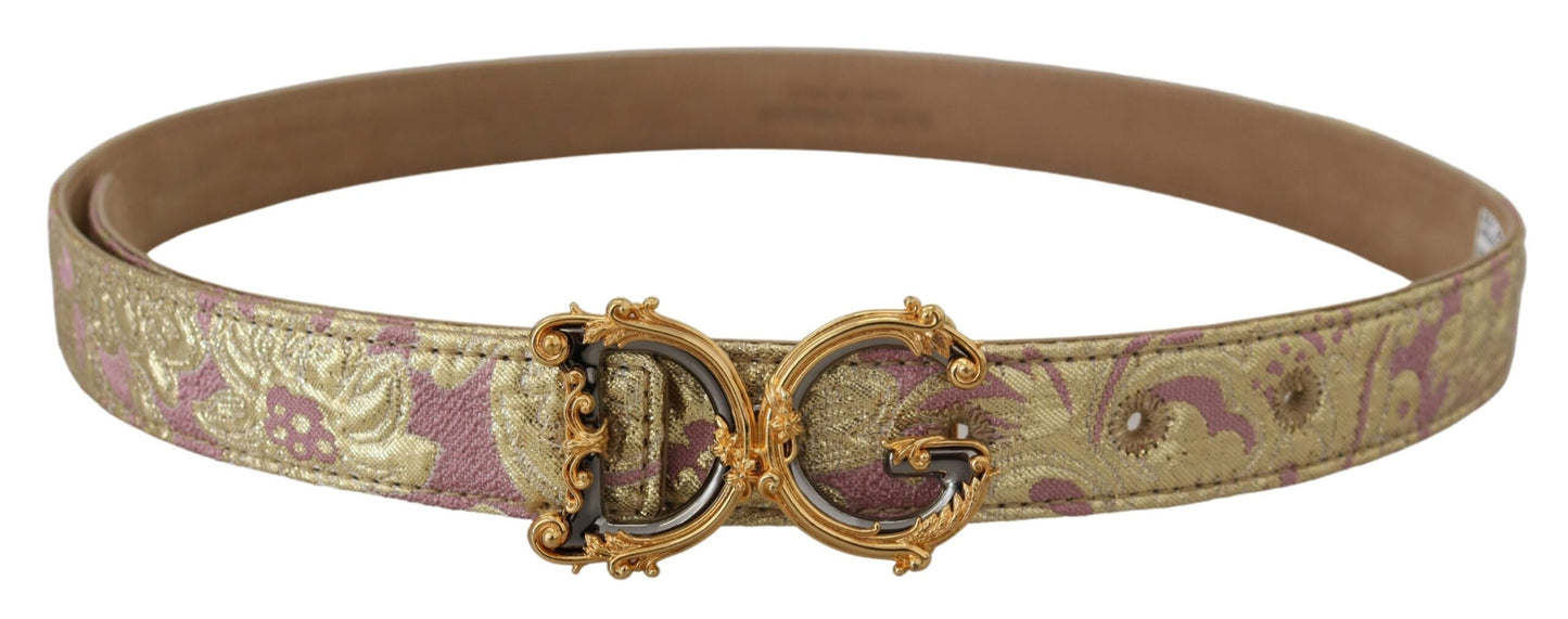 Dolce & Gabbana Pink Jaquard DG Logo Gold Metal Buckle Belt - KALAJ