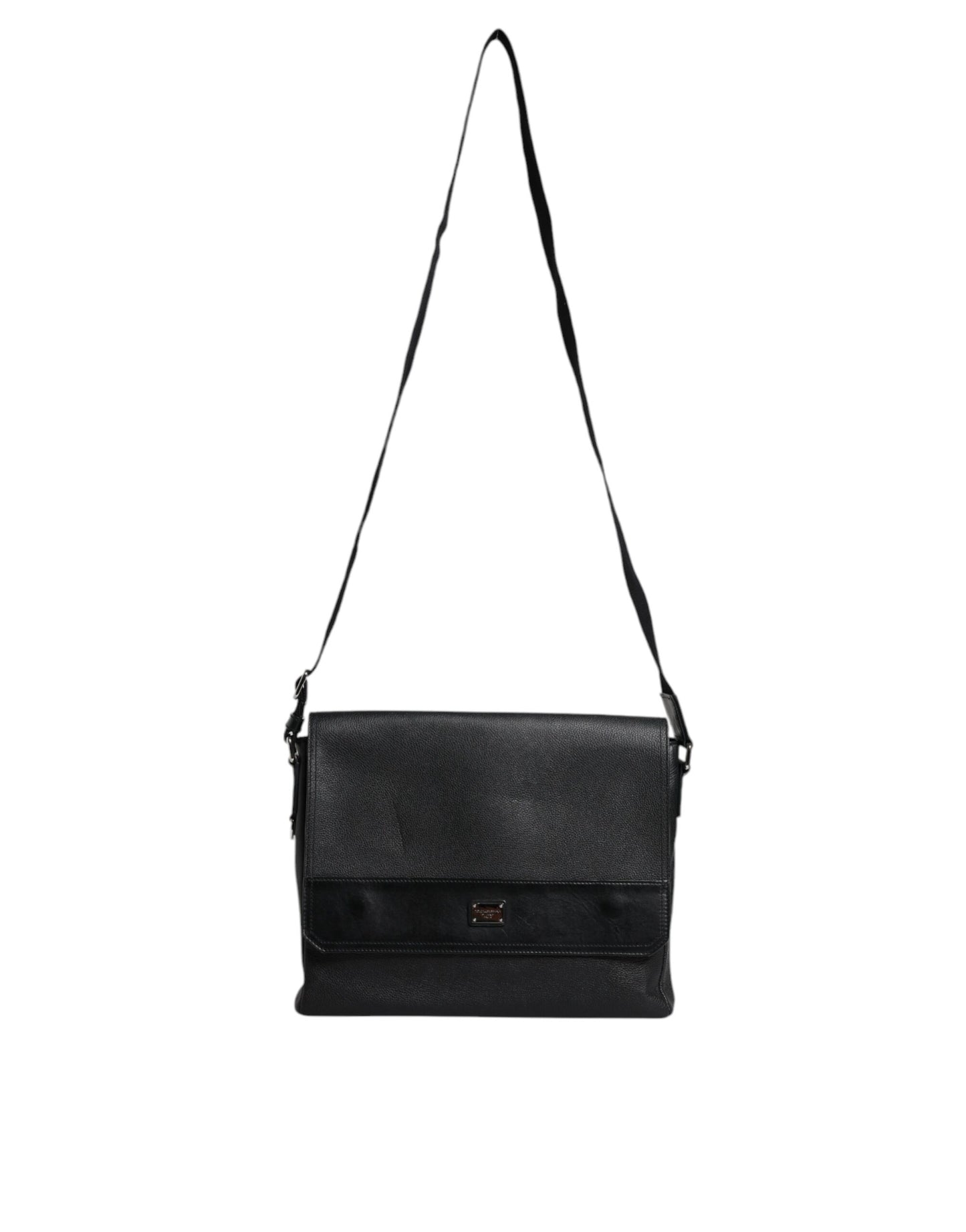 Dolce & Gabbana Black Logo Plaque Leather Messenger Shoulder Strap Bag