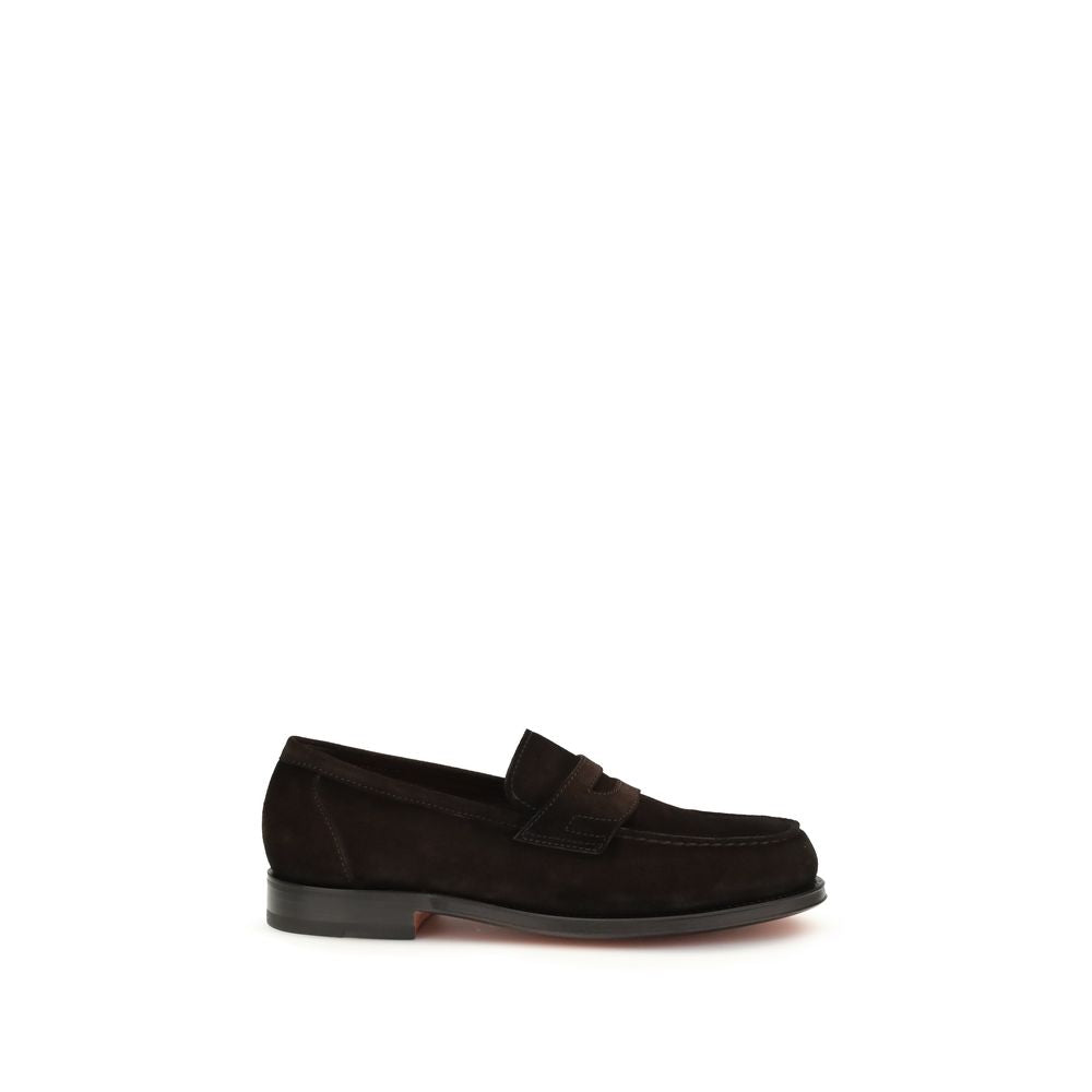 Santoni Brown Calf Leather Bos Taurus Slip-On Loafers