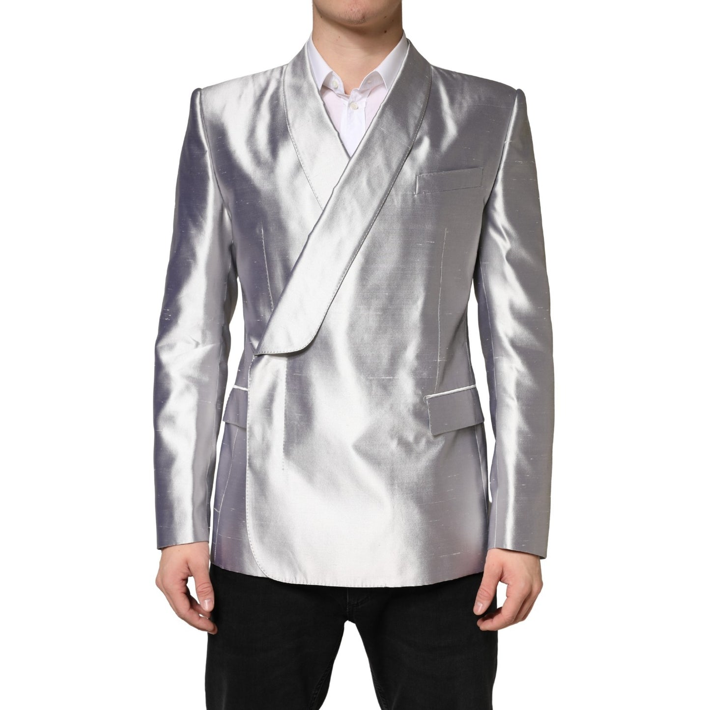Dolce & Gabbana Silver SICILIA Silk Double Breasted Blazer