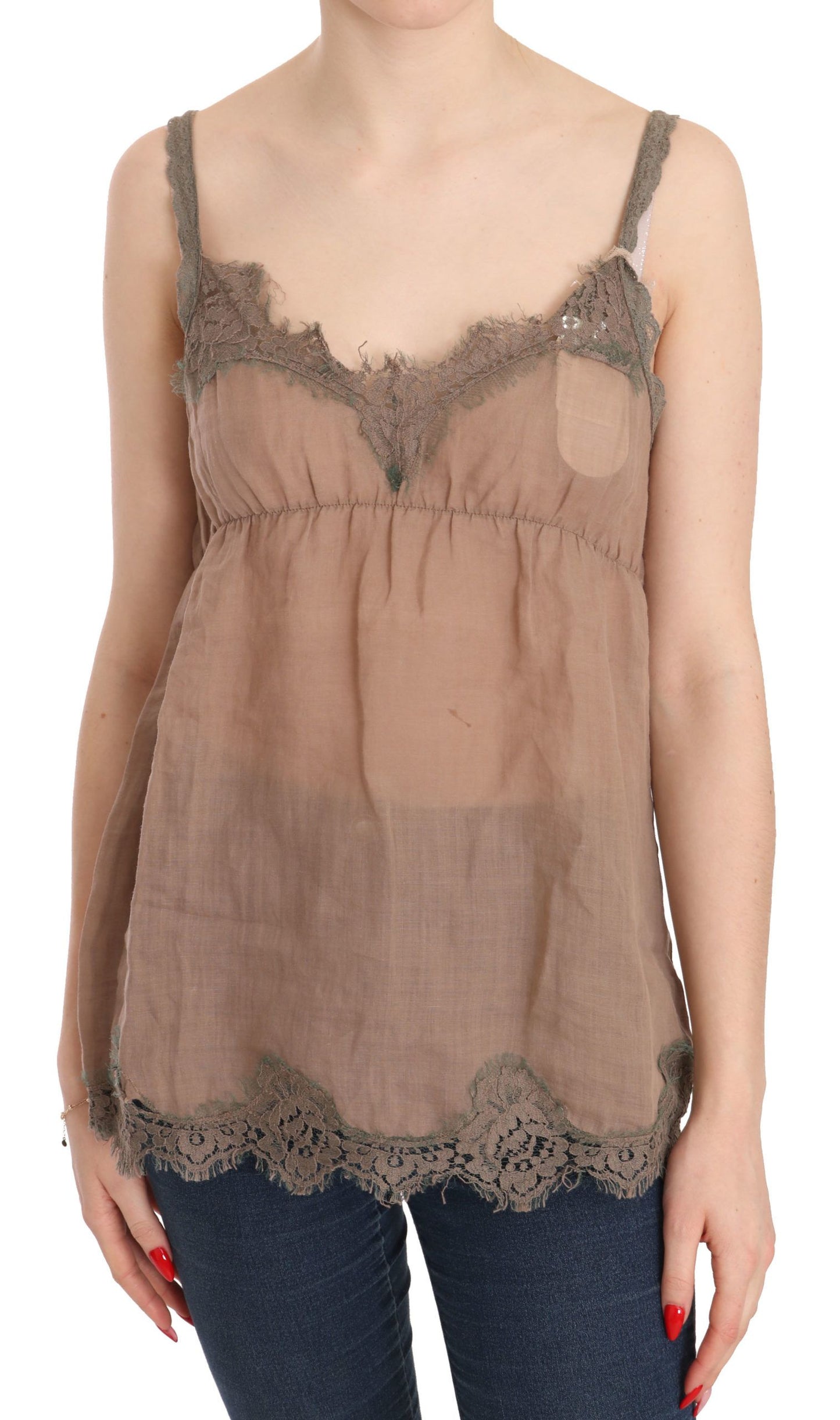 PINK MEMORIES Elegant Lace Brown Linen Blouse