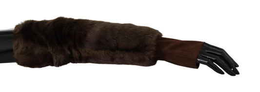 Dolce & Gabbana Elegant Brown Fur & Leather Elbow-Length Gloves - KALAJ