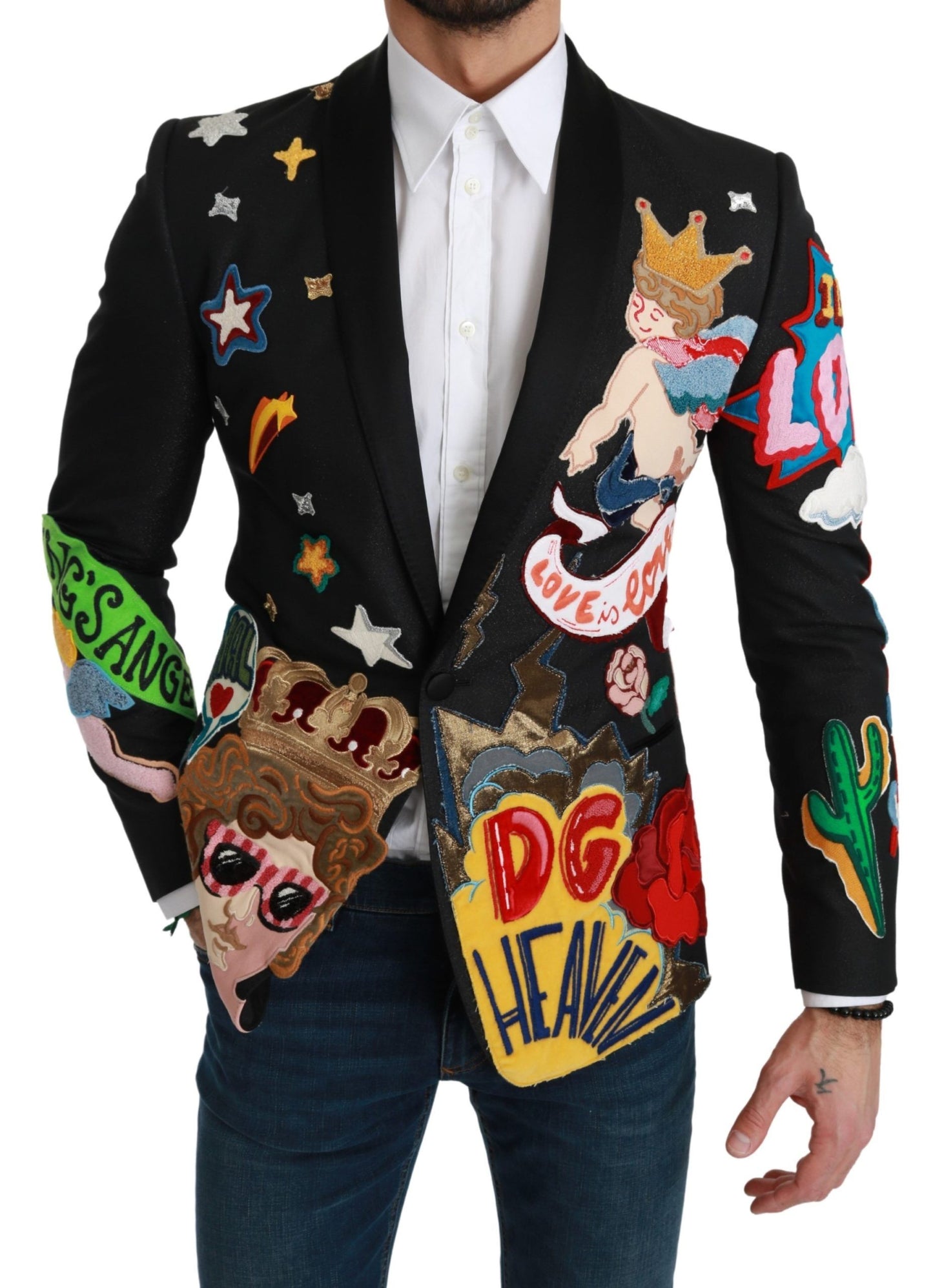 Dolce & Gabbana Chic Black Multicolor Motif Slim Fit Blazer