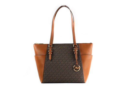 Michael Kors Charlotte Signature Leather Large Top Zip Tote Handbag Bag (Brown) - KALAJ