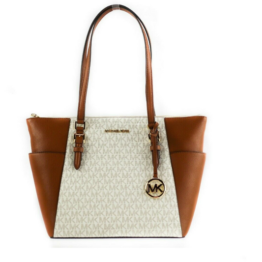 Michael Kors Charlotte Signature Leather Large Top Zip Tote Handbag Bag (Vanilla) - KALAJ