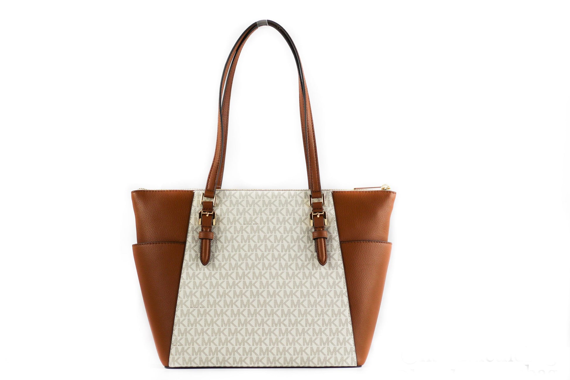 Michael Kors Charlotte Signature Leather Large Top Zip Tote Handbag Bag (Vanilla) - KALAJ