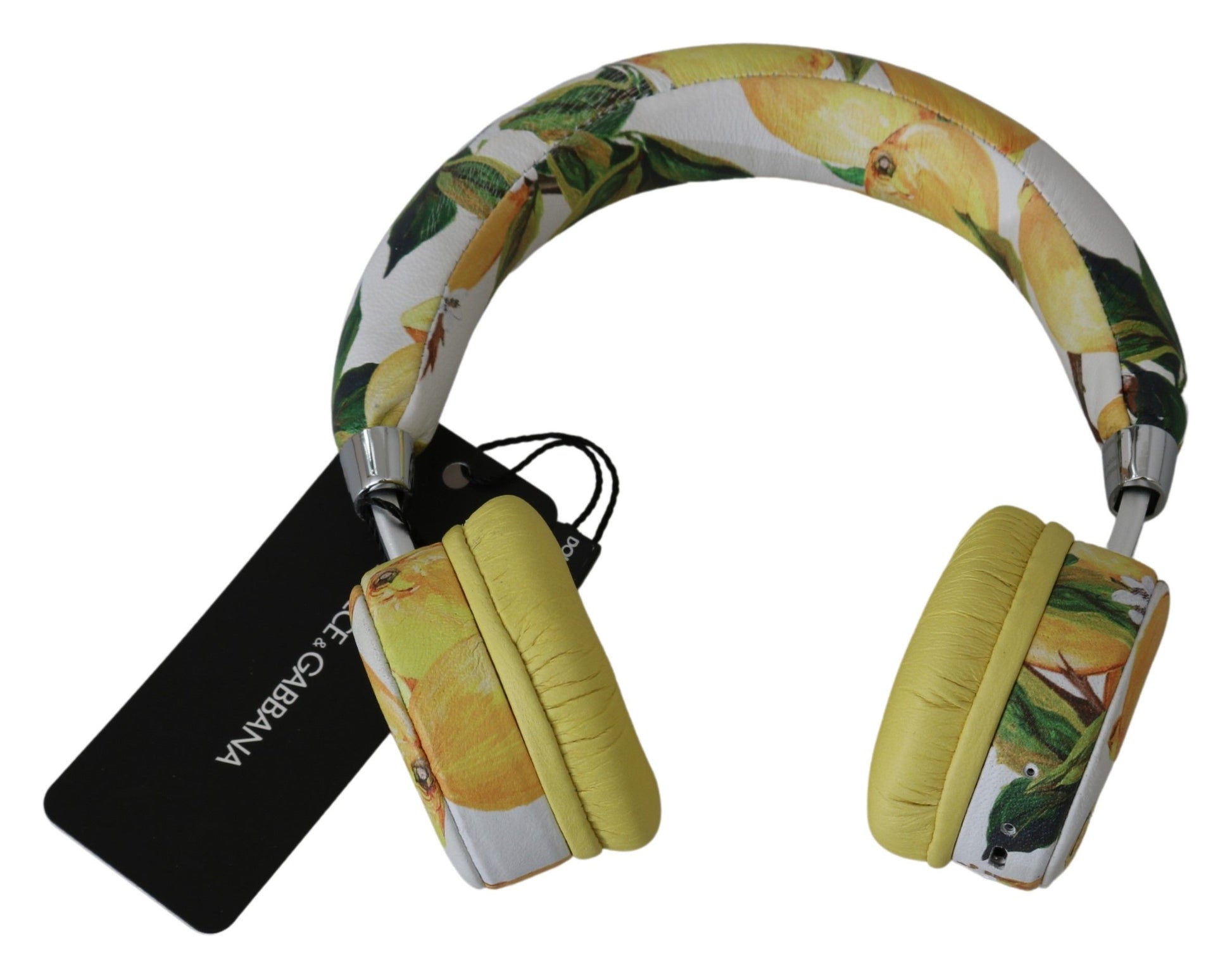 Dolce & Gabbana Chic White Leather Headphones with Yellow Print - KALAJ