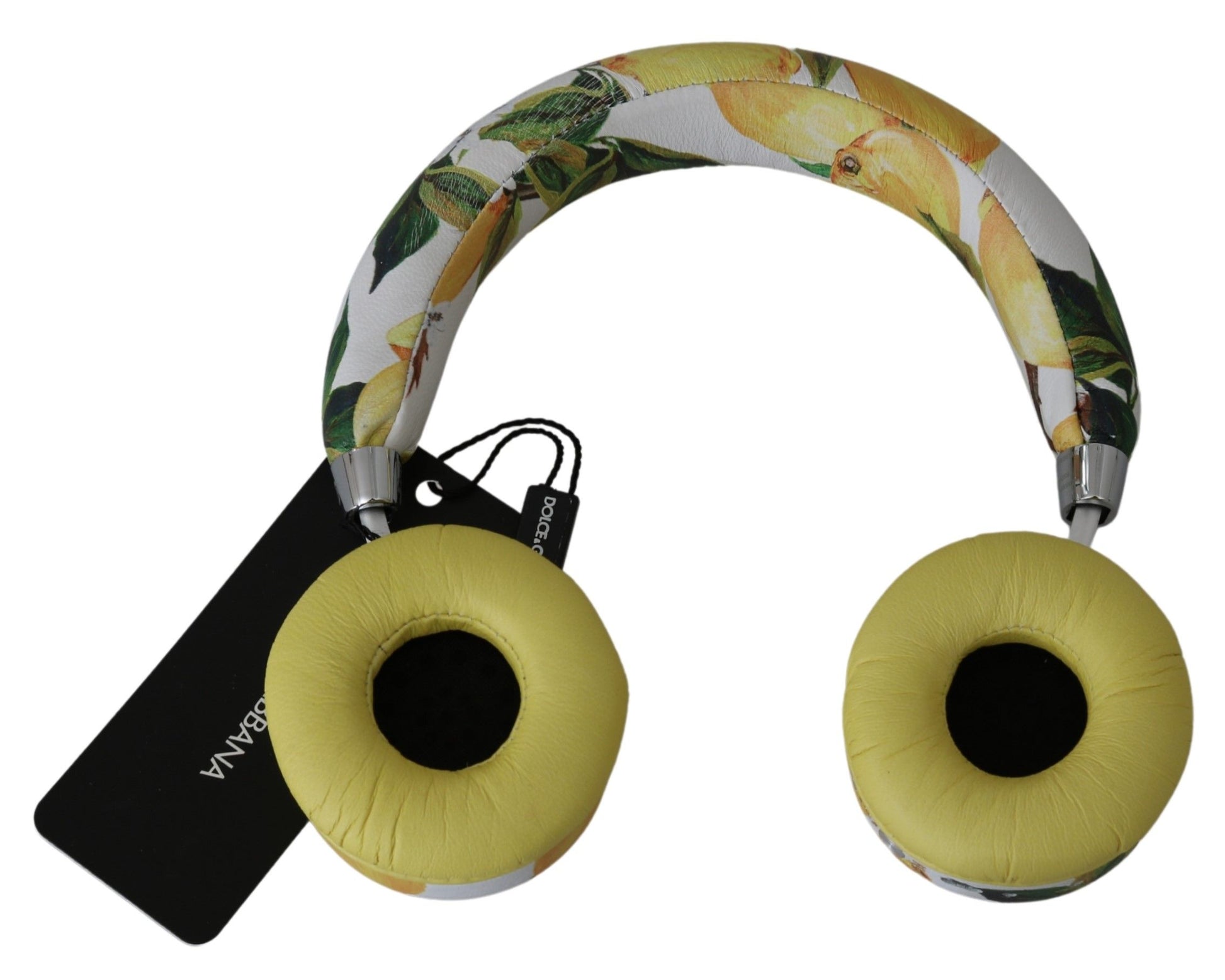 Dolce & Gabbana Chic White Leather Headphones with Yellow Print - KALAJ