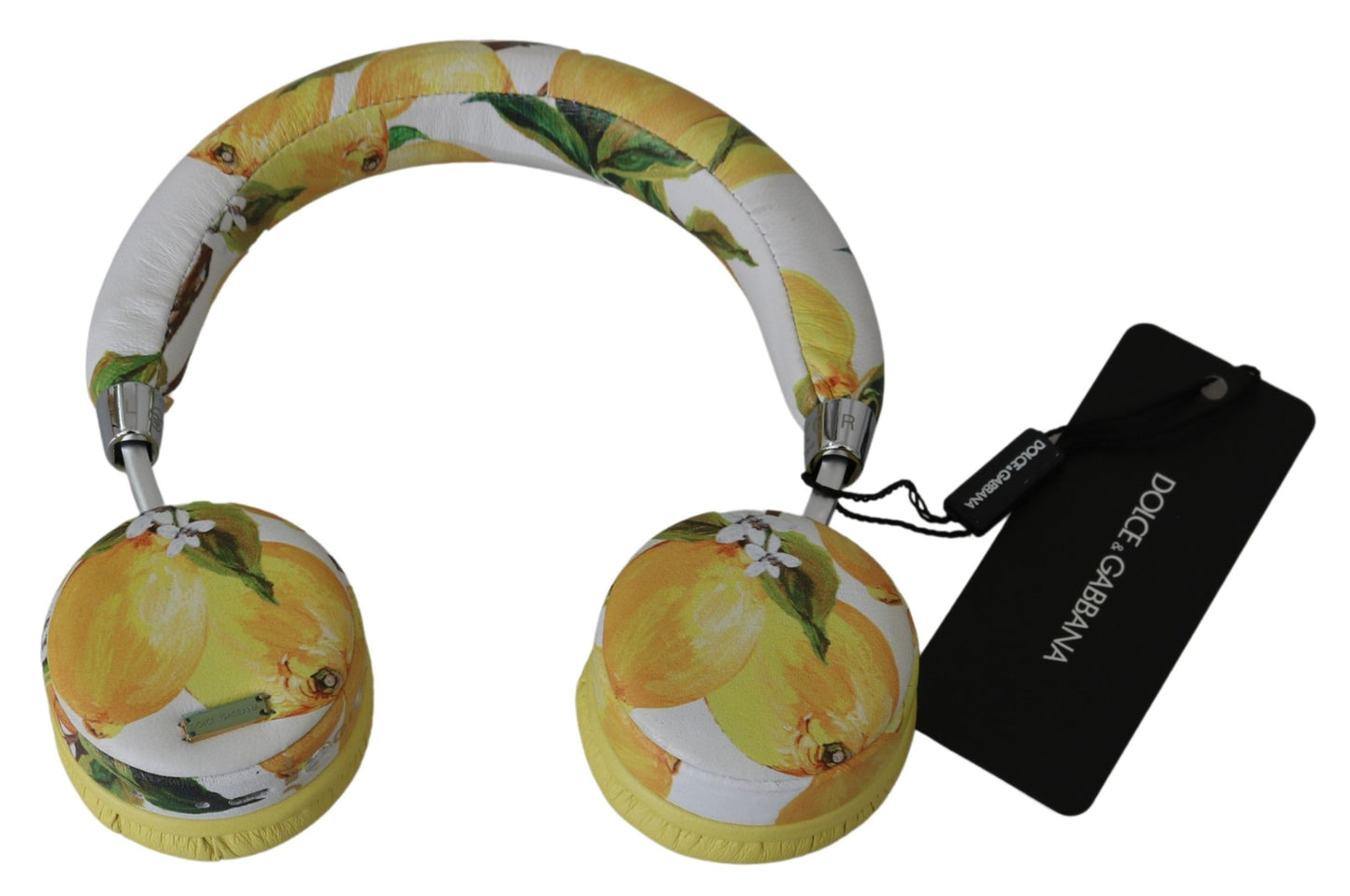 Dolce & Gabbana Chic White Leather Headphones with Yellow Print - KALAJ