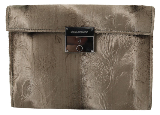 Dolce & Gabbana Beige Velvet Croco-Print Leather Briefcase Clutch - KALAJ