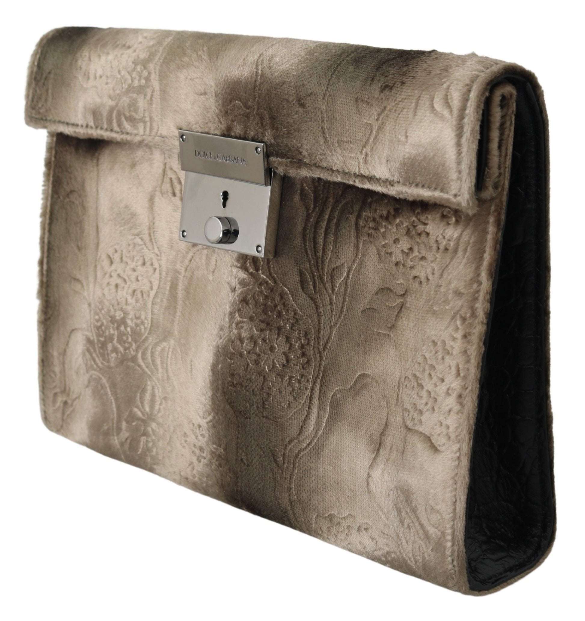 Dolce & Gabbana Beige Velvet Croco-Print Leather Briefcase Clutch - KALAJ