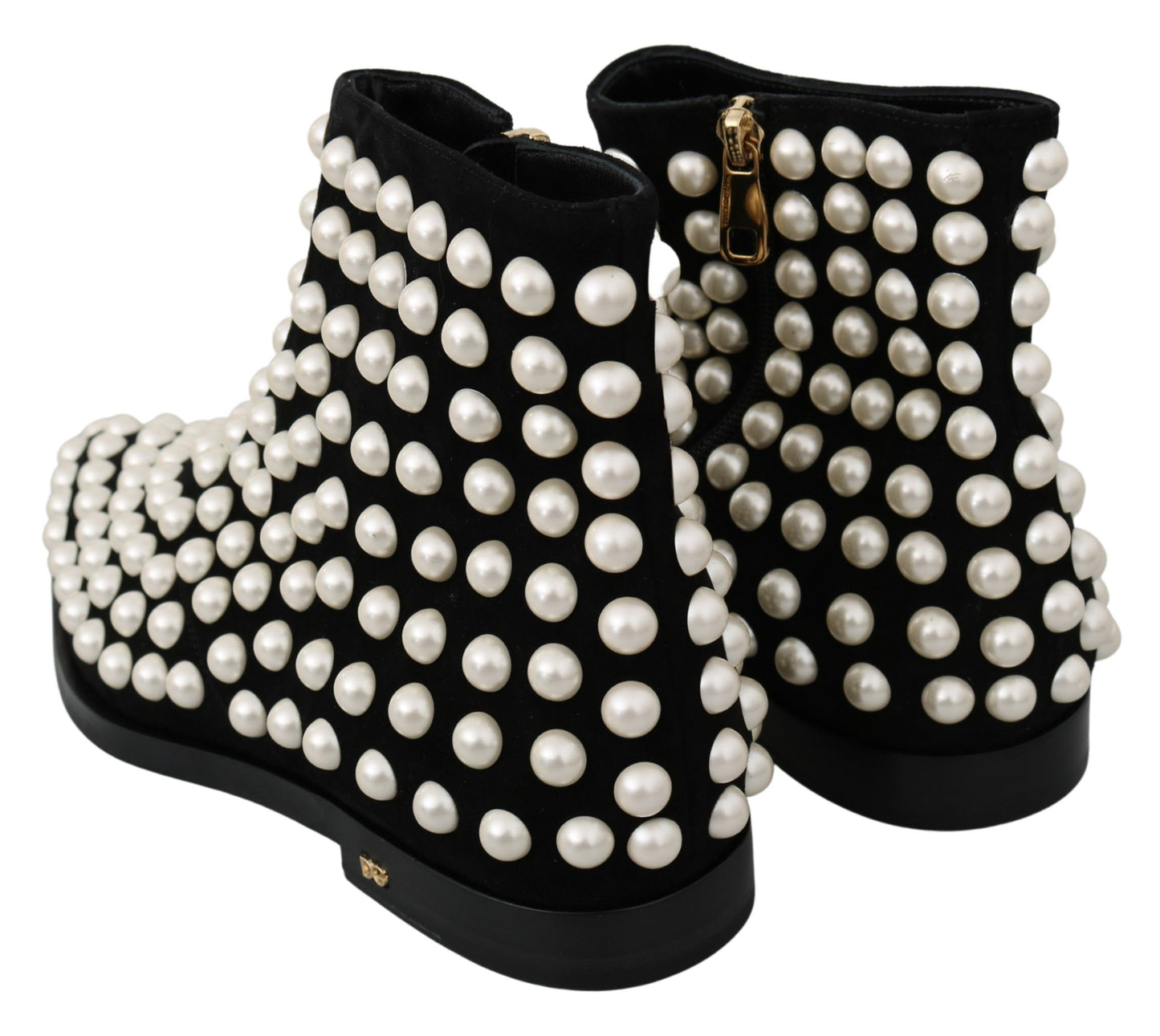 Dolce & Gabbana Chic Black Suede Ankle Boots with Pearls