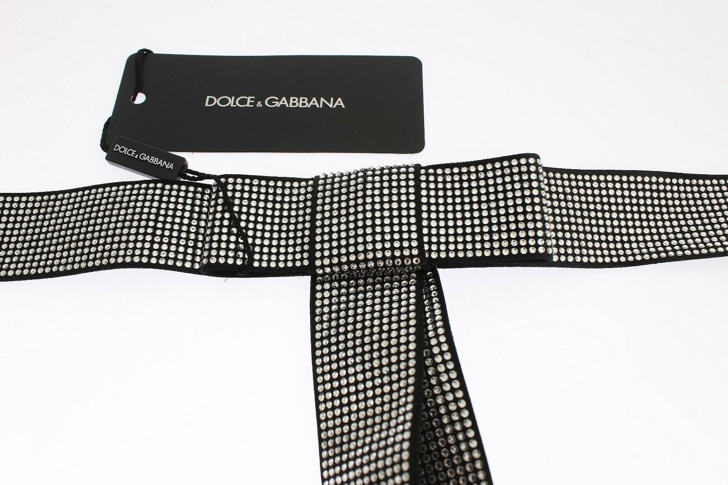 Dolce & Gabbana Black Silk Crystal Bow Waist Belt Elegance - KALAJ