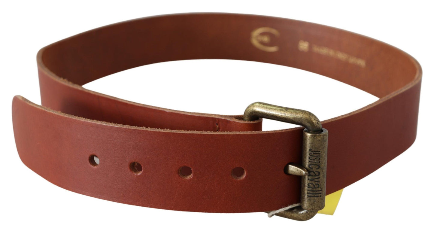 Just Cavalli Chic Brown Leather Logo Waist Belt - KALAJ