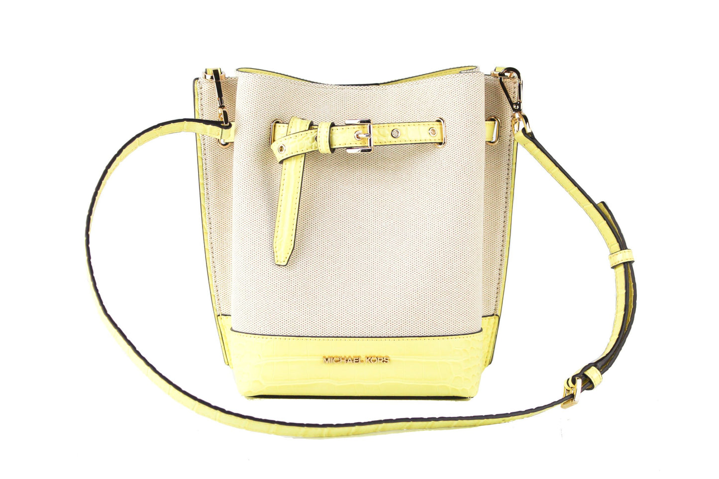 Michael Kors Emilia Small Canvas Snakeskin Print Leather Bucket Bag Messenger Crossbody Handbag (Buttercup) - KALAJ