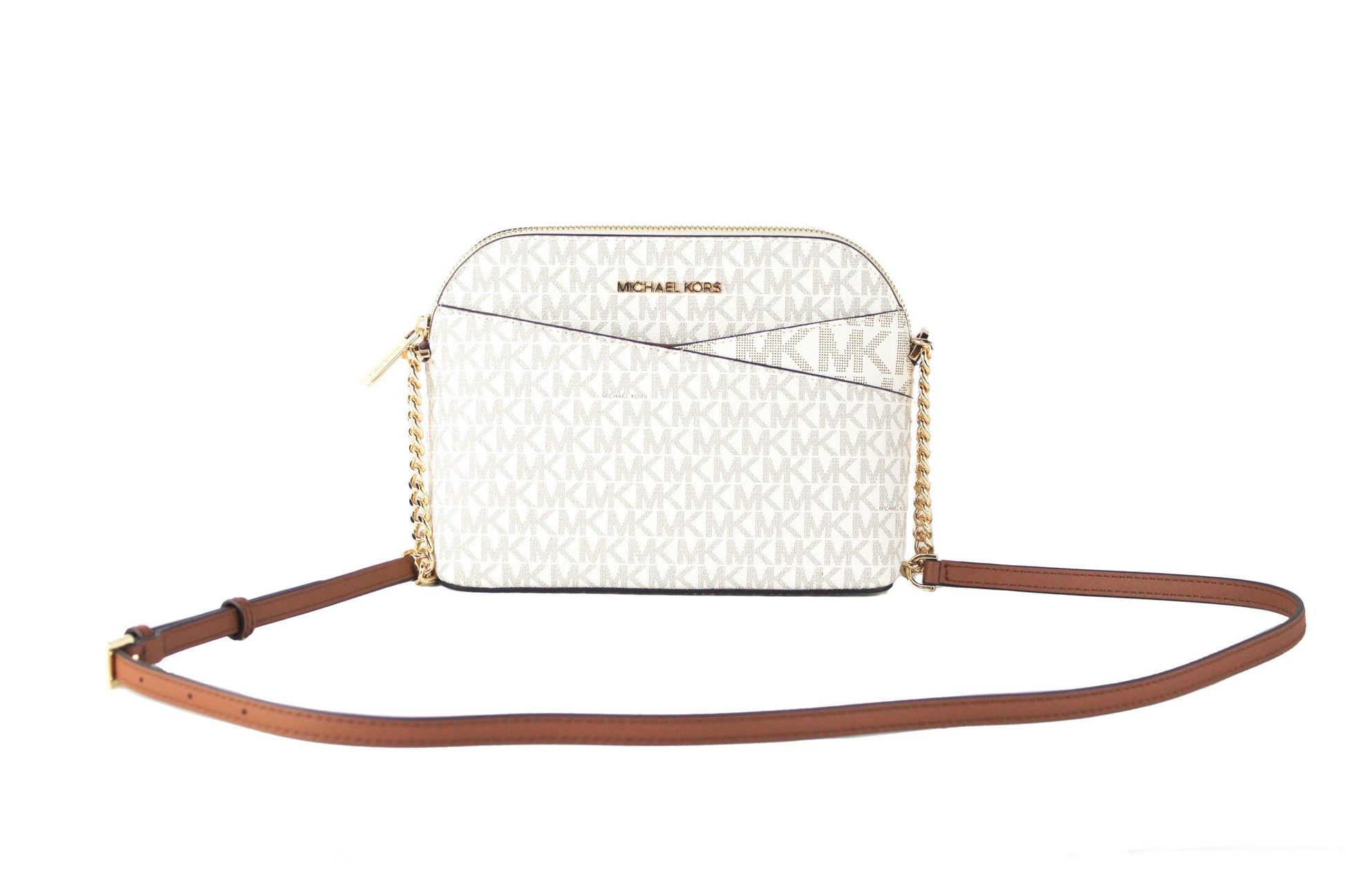 Michael Kors Jet Set Travel Medium Leather X Cross Dome Crossbody Handbag (Vanilla Signature/Gold) - KALAJ