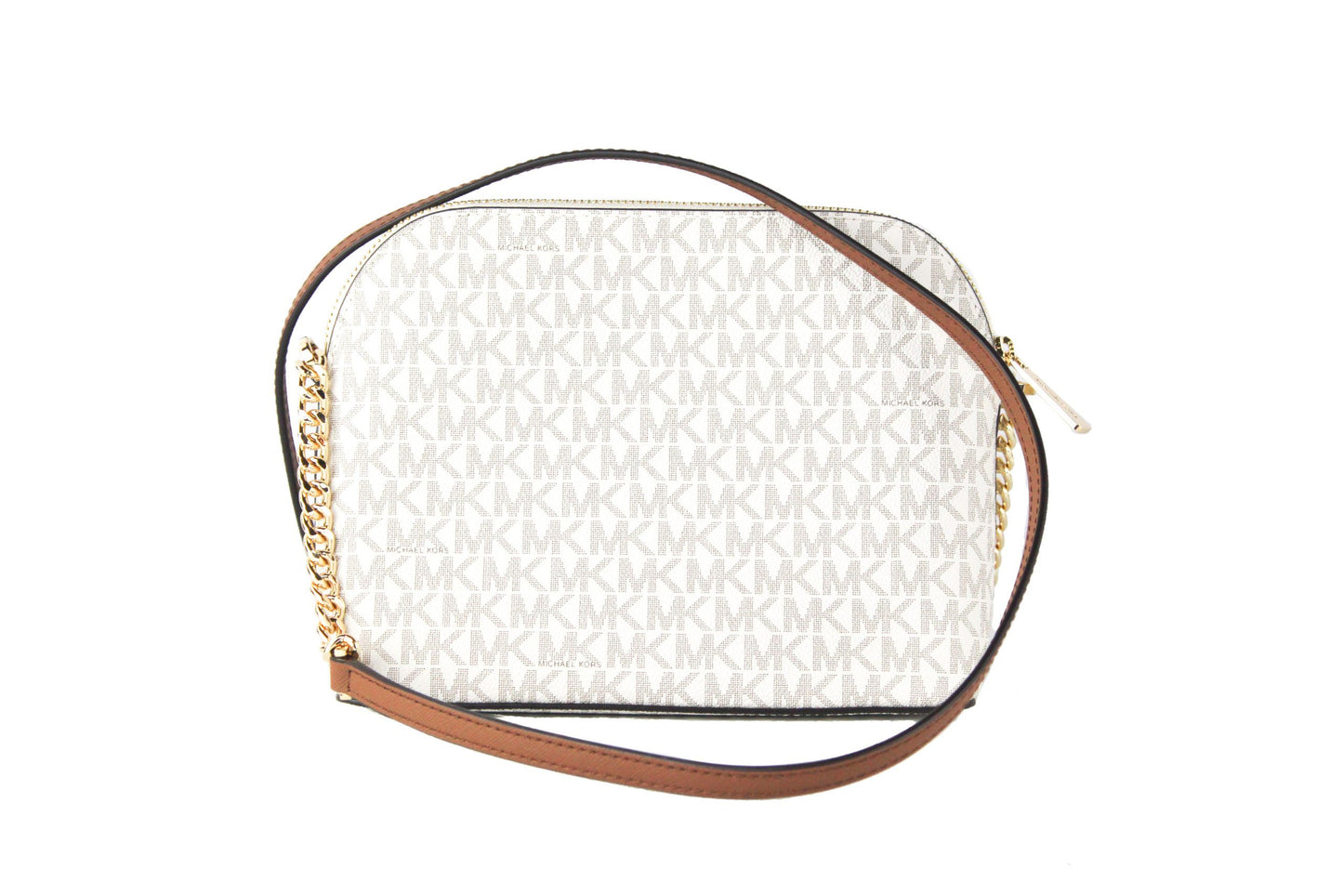 Michael Kors Jet Set Travel Medium Leather X Cross Dome Crossbody Handbag (Vanilla Signature/Gold) - KALAJ