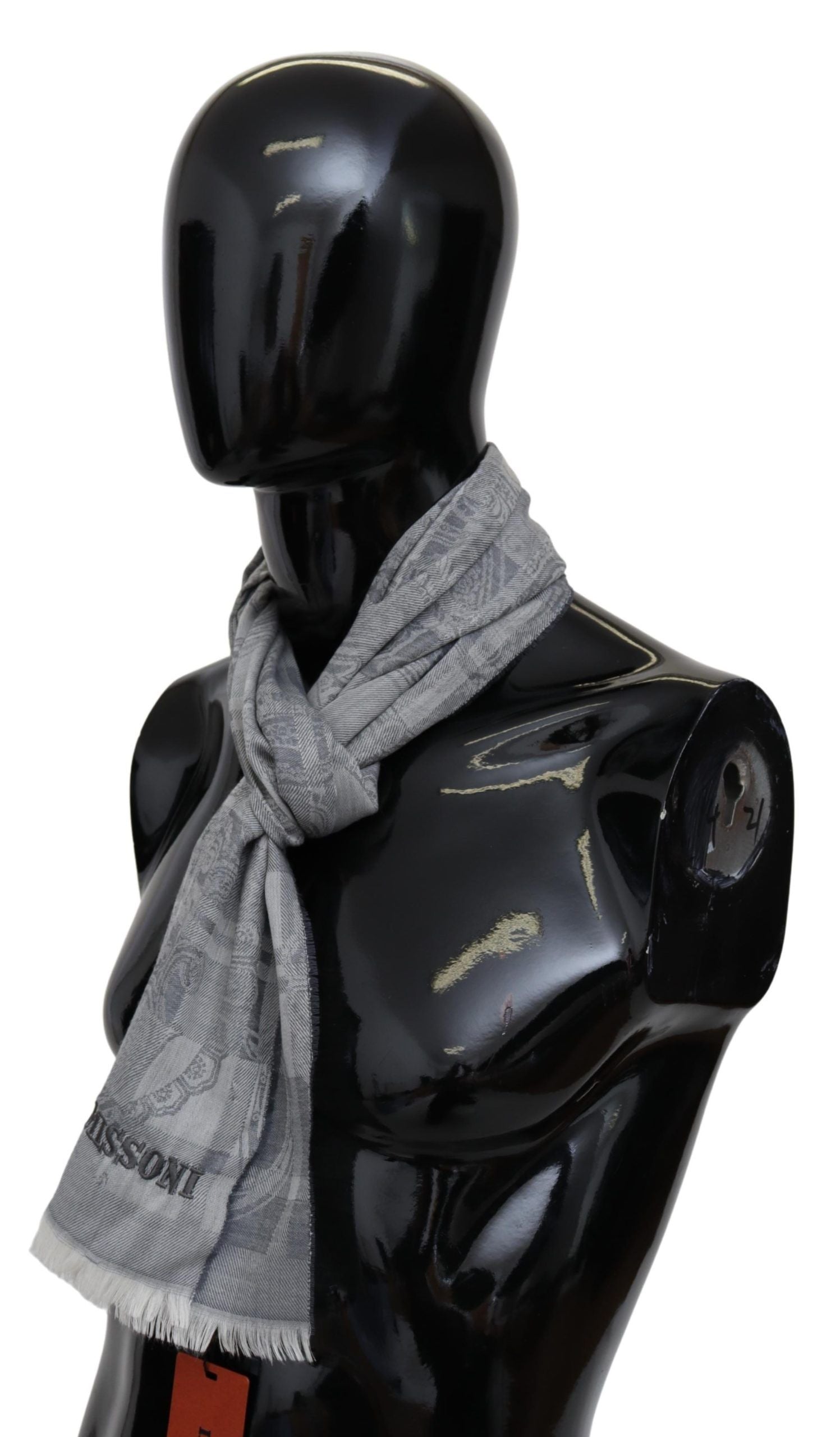 Missoni Chic Unisex Gray Wool Scarf with Logo Embroidery - KALAJ