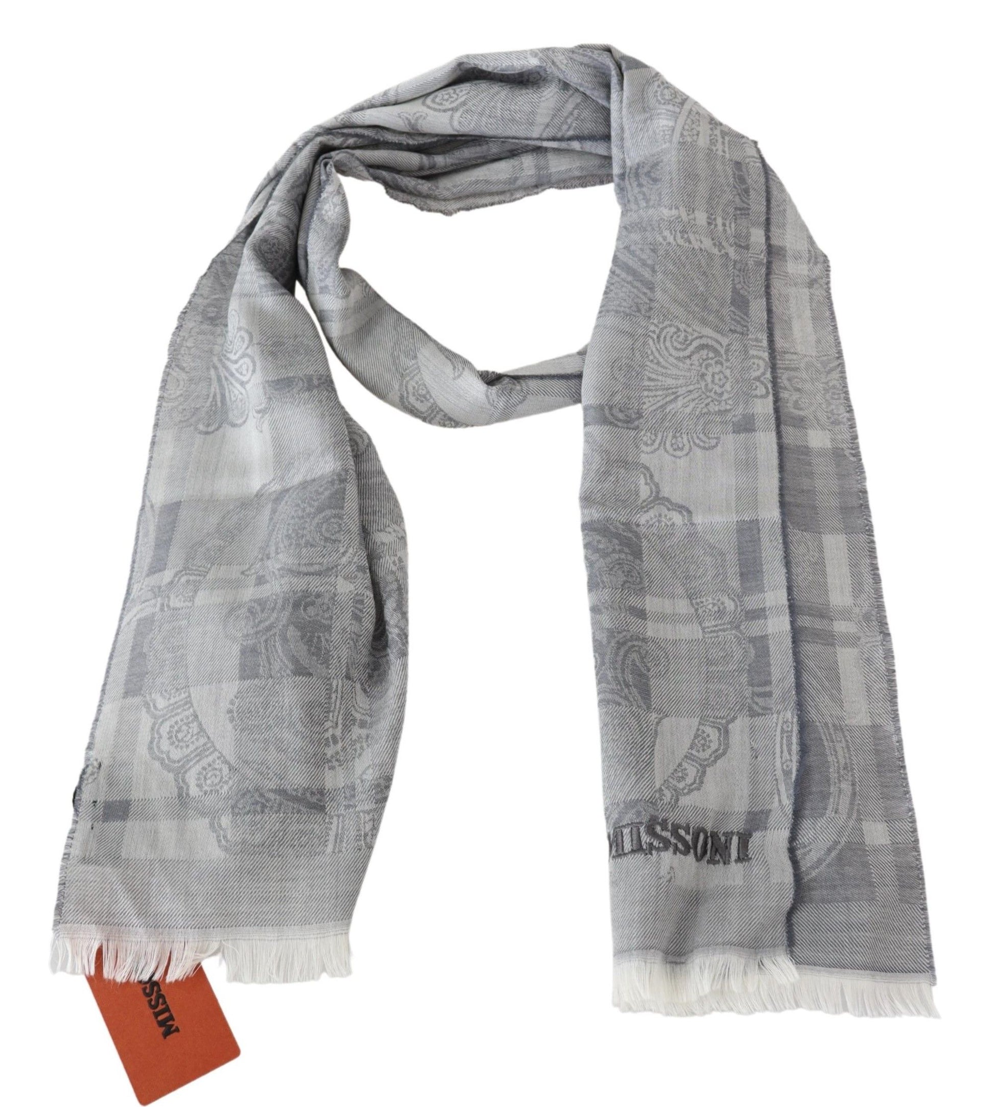 Missoni Chic Unisex Gray Wool Scarf with Logo Embroidery - KALAJ