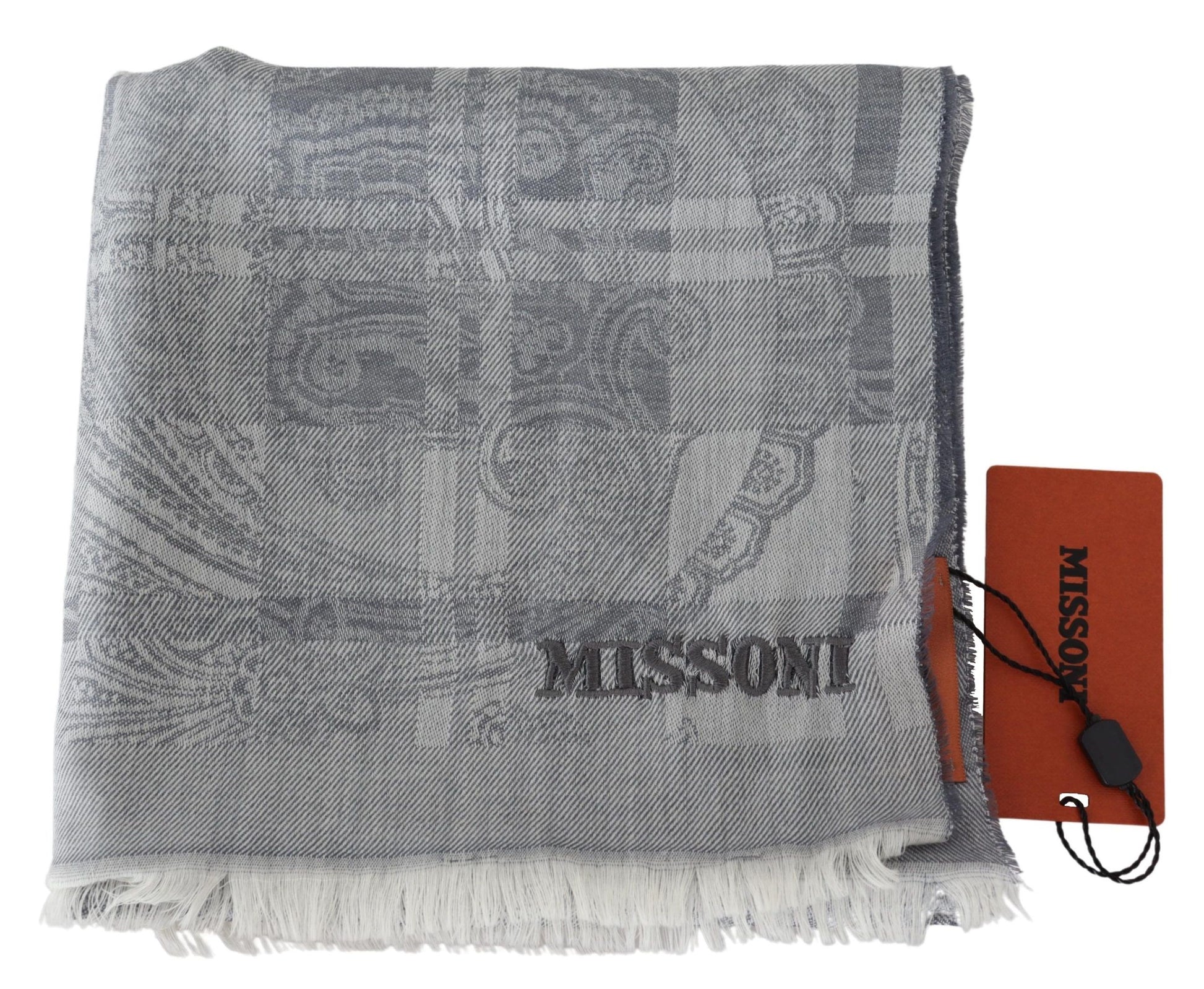 Missoni Chic Unisex Gray Wool Scarf with Logo Embroidery - KALAJ