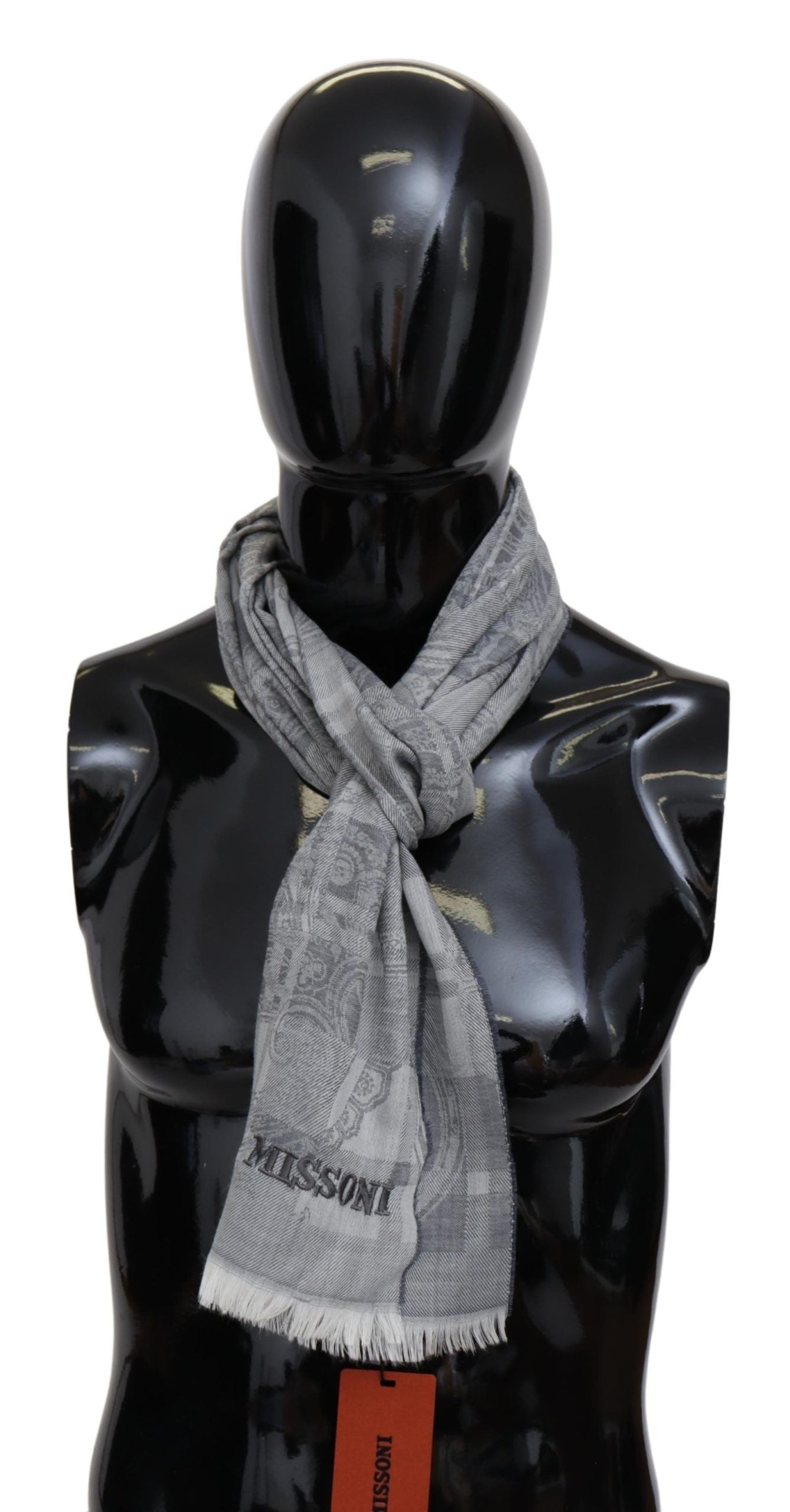 Missoni Chic Unisex Gray Wool Scarf with Logo Embroidery - KALAJ