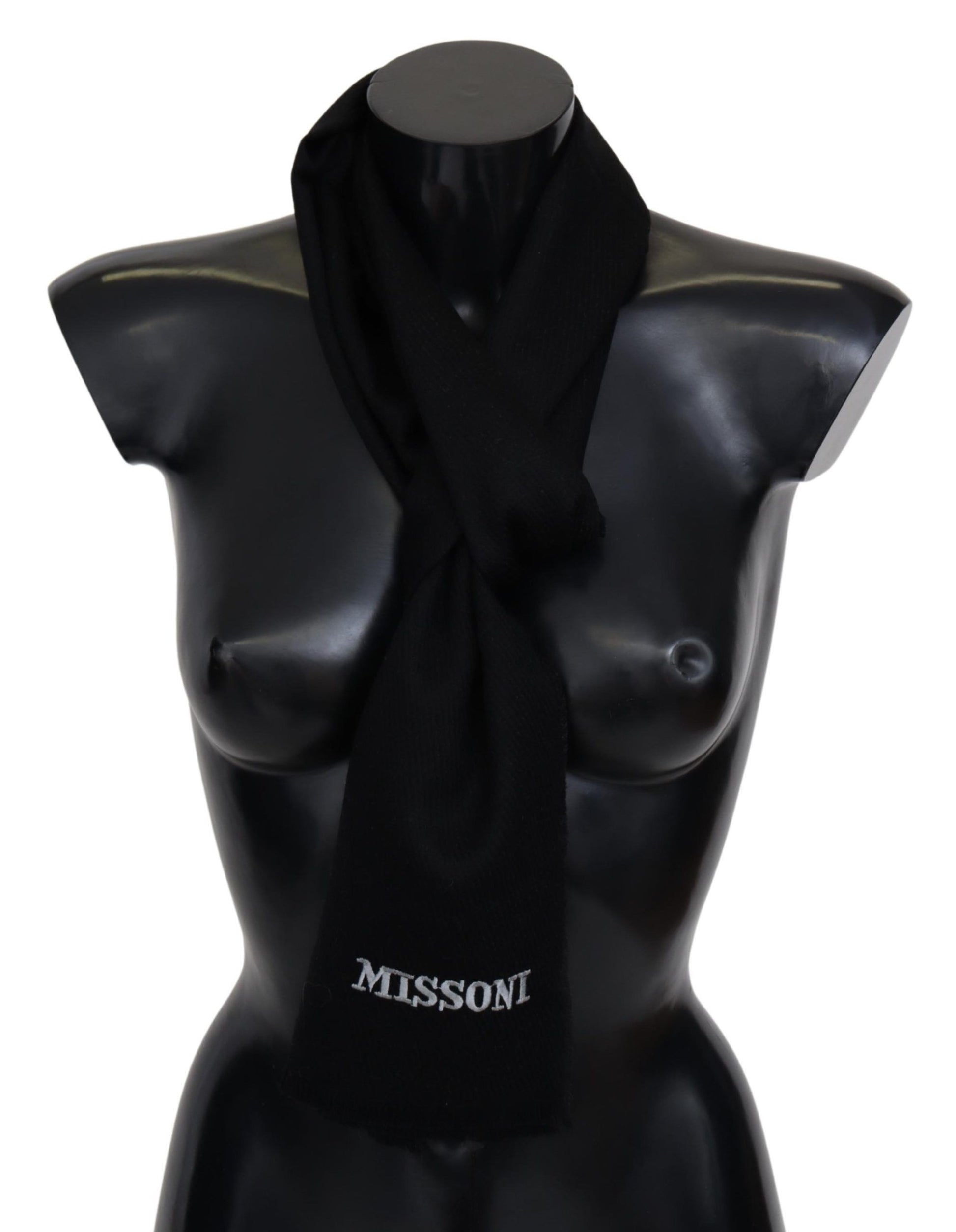 Missoni Elegant Embroidered Wool Scarf in Black - KALAJ