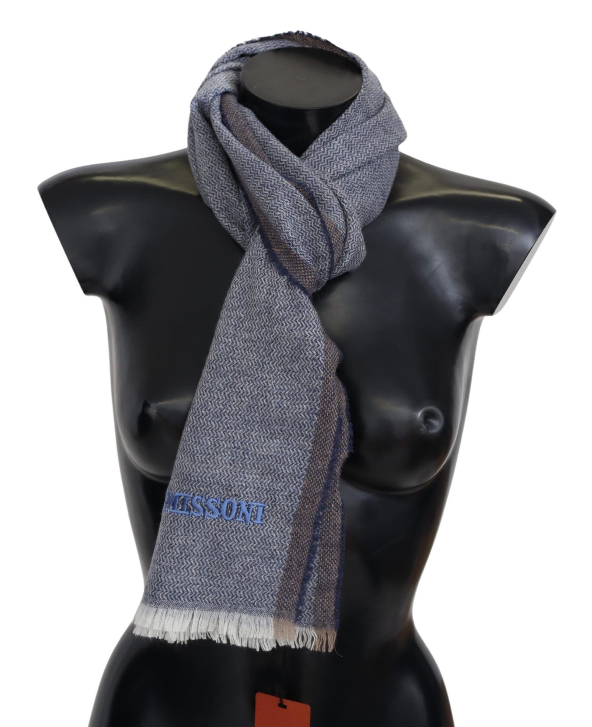 Missoni Elegant Gray Wool Scarf with Stripes and Fringes - KALAJ