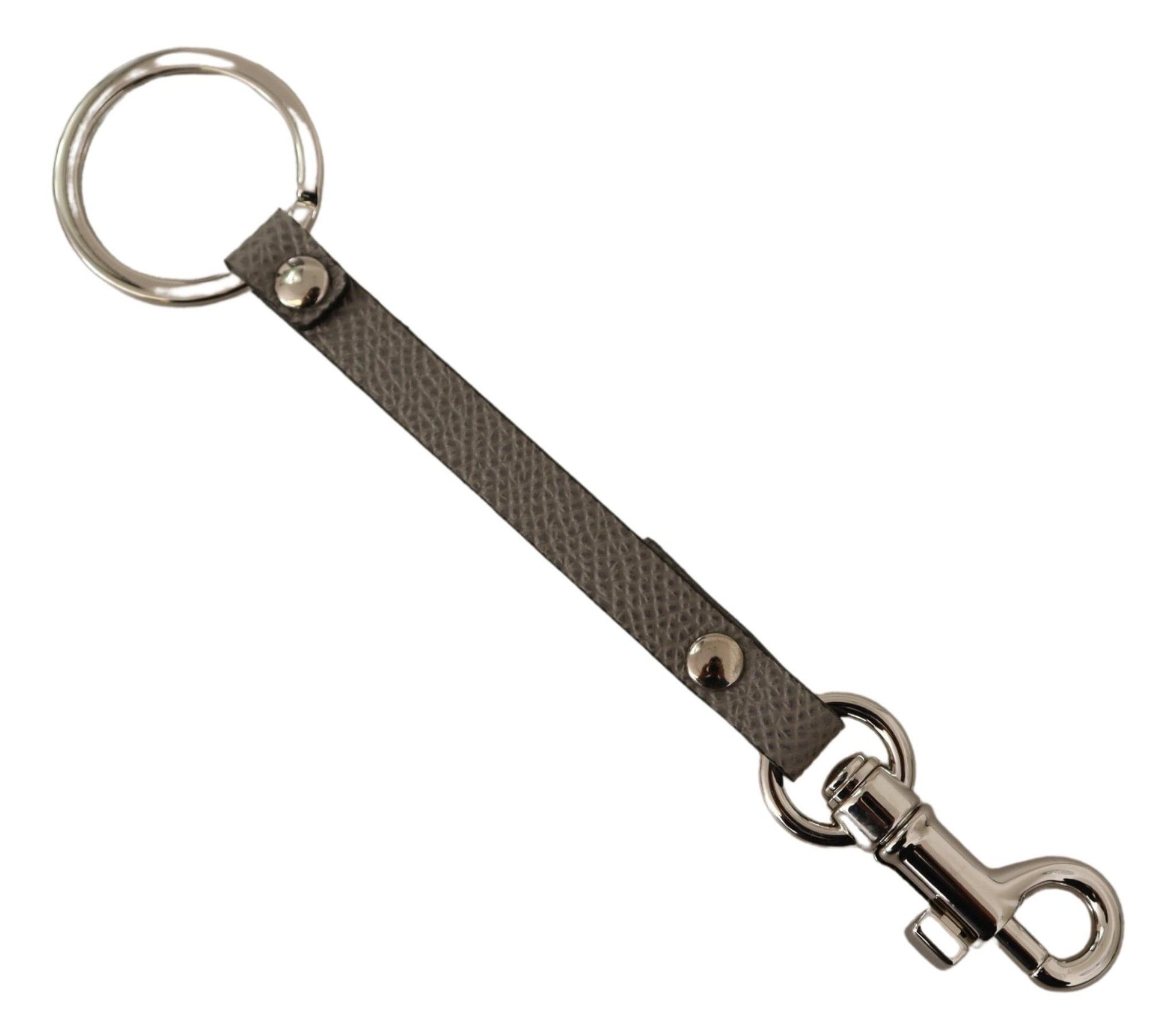 Dolce & Gabbana Elegant Gray Leather Keyring with Silver Accents - KALAJ