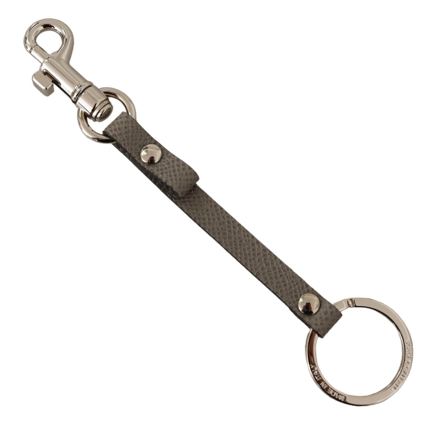 Dolce & Gabbana Elegant Gray Leather Keyring with Silver Accents - KALAJ