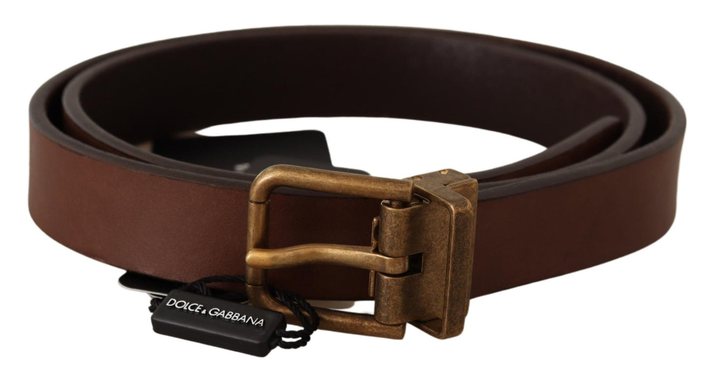 Dolce & Gabbana Elegant Brown Leather Belt with Gold Buckle - KALAJ