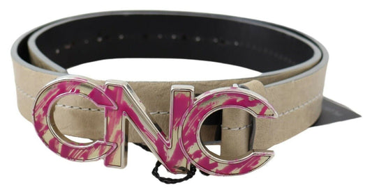 Costume National Beige Leather Fashion Belt with Logo Detail - KALAJ