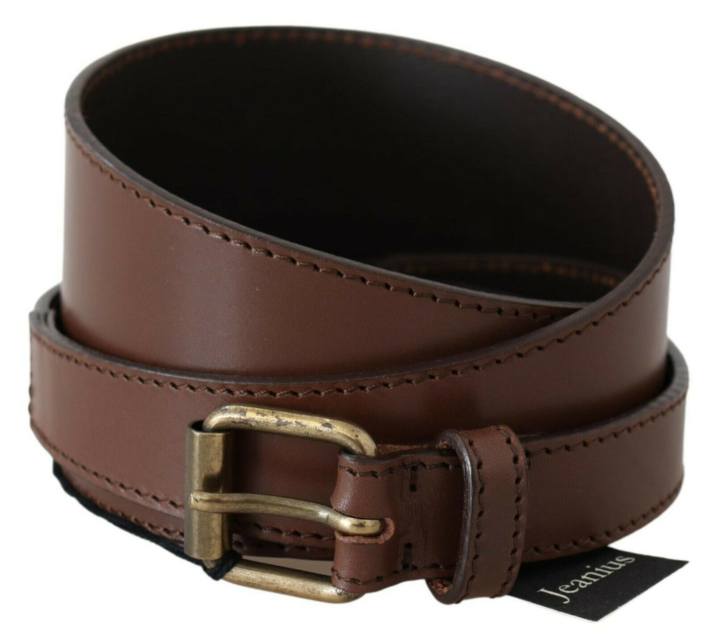 PLEIN SUD Chic Brown Leather Fashion Belt with Bronze-Tone Hardware - KALAJ