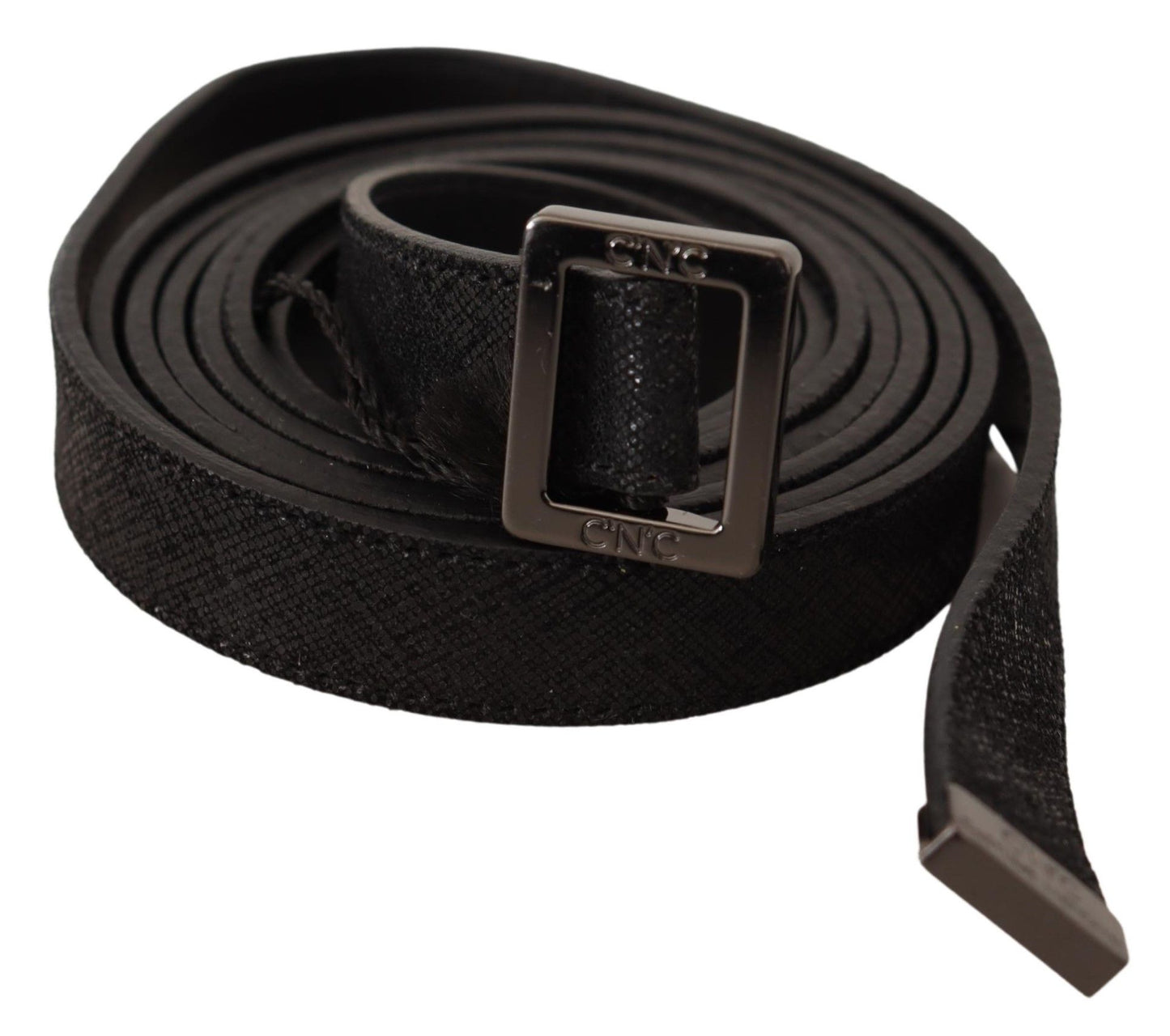 Costume National Chic Black Leather Fashion Belt with Metal Buckle - KALAJ