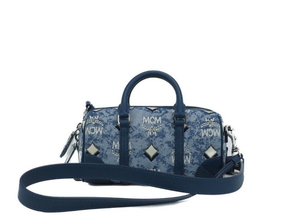 MCM Boston Mini Blue Vintage Jacquard Logo Fabric Satchel Crossbody Handbag - KALAJ